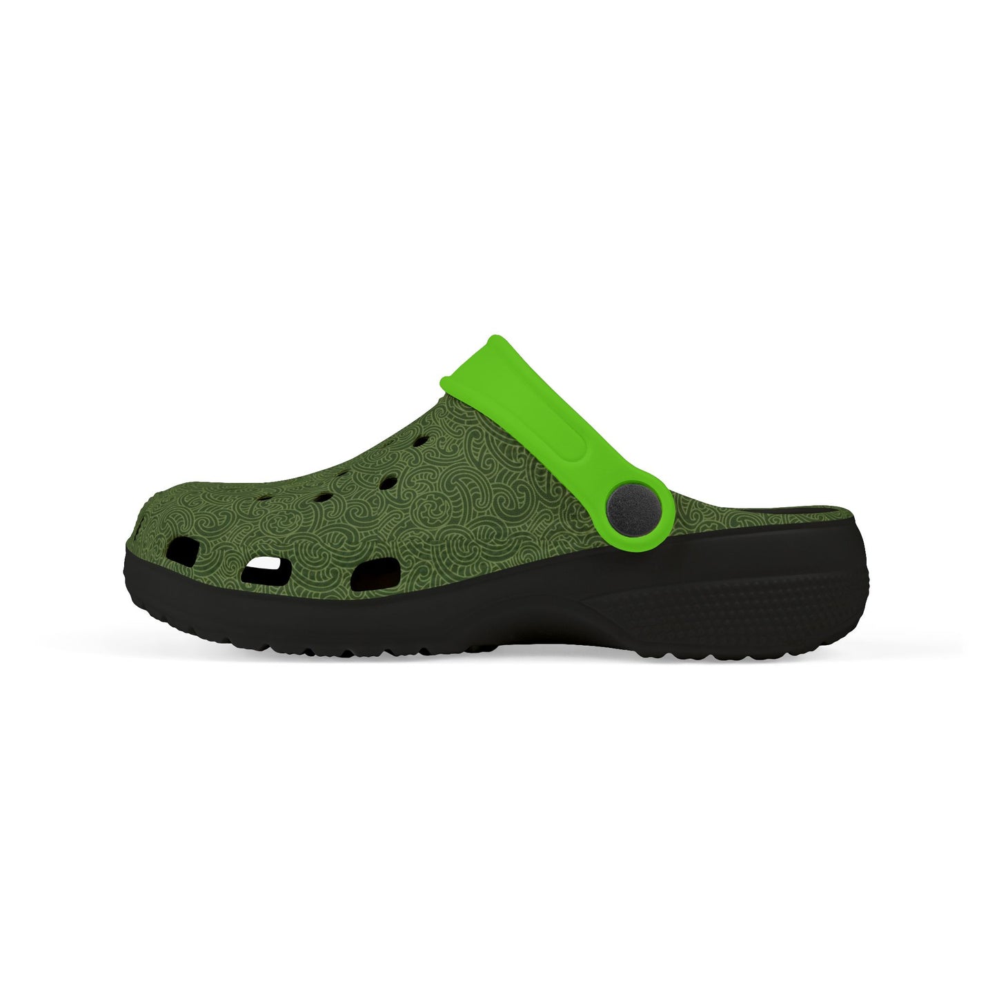 Piripiri perforated clog, dark green upper and neon green strap with black sole
