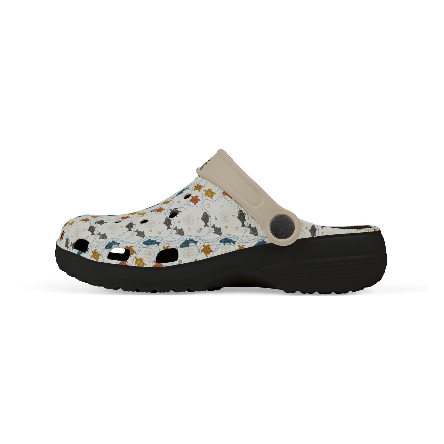 Colorful animal-print clog shoes with black outsole, beige heel strap, side profile