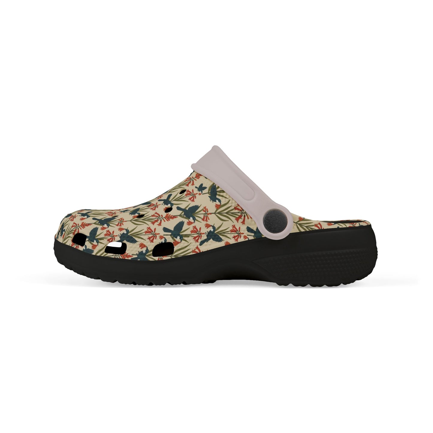 Kids slip-on clog shoes with floral print, perforated vents, light collar, black outsole.