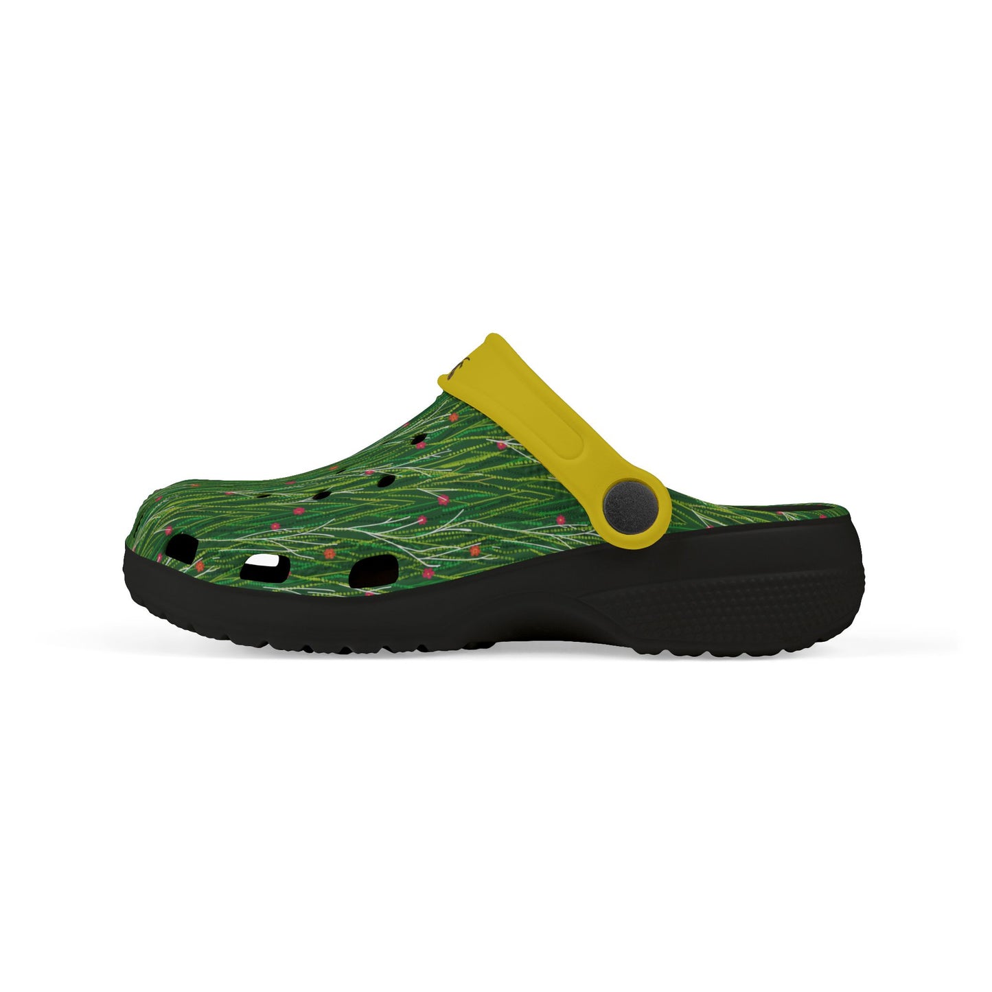 Green patterned slip-on clog with yellow strap and black sole
