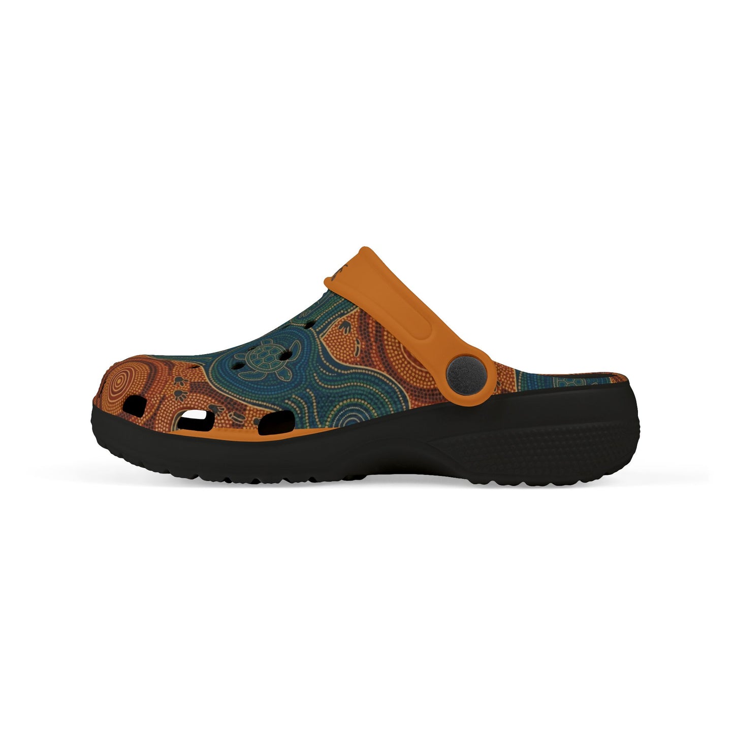 Casual clog shoe profile with teal-and-orange art print, orange strap, black sole