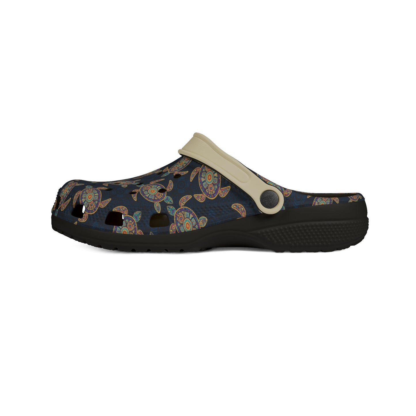 Croc-style clog profile, dark navy turtle print upper with beige strap and dark textured outsole