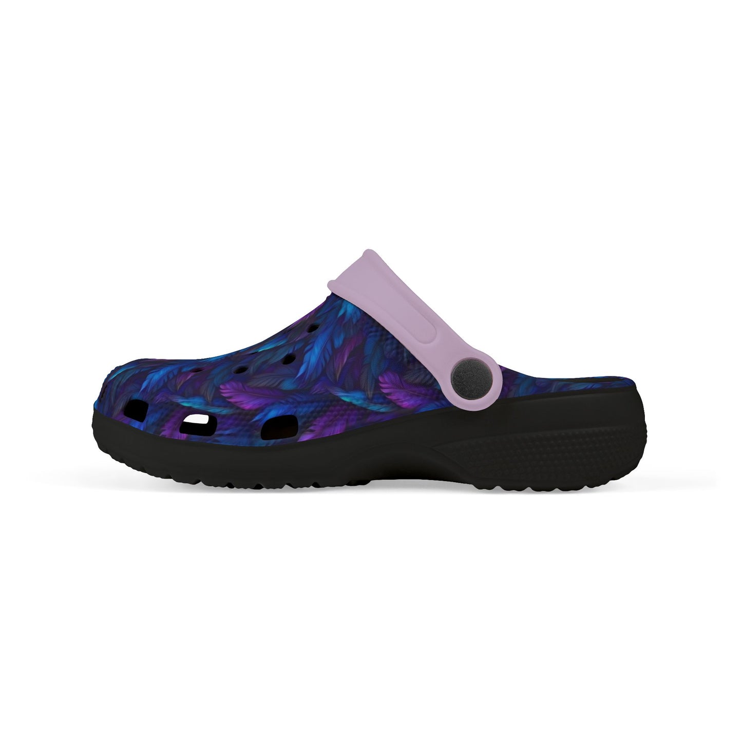 Slip-on clog with lavender upper and dark blue pattern, black outsole, heel view