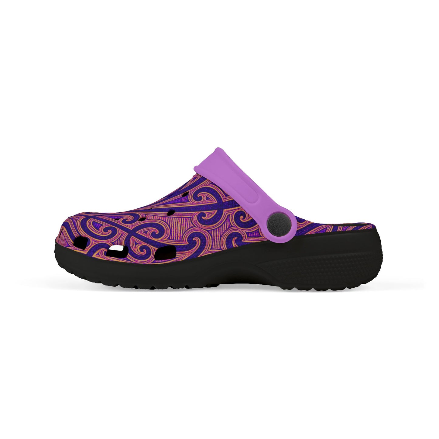 Tauira slip-on clogs, angled side view with ornate blue/purple upper, purple strap, black sole