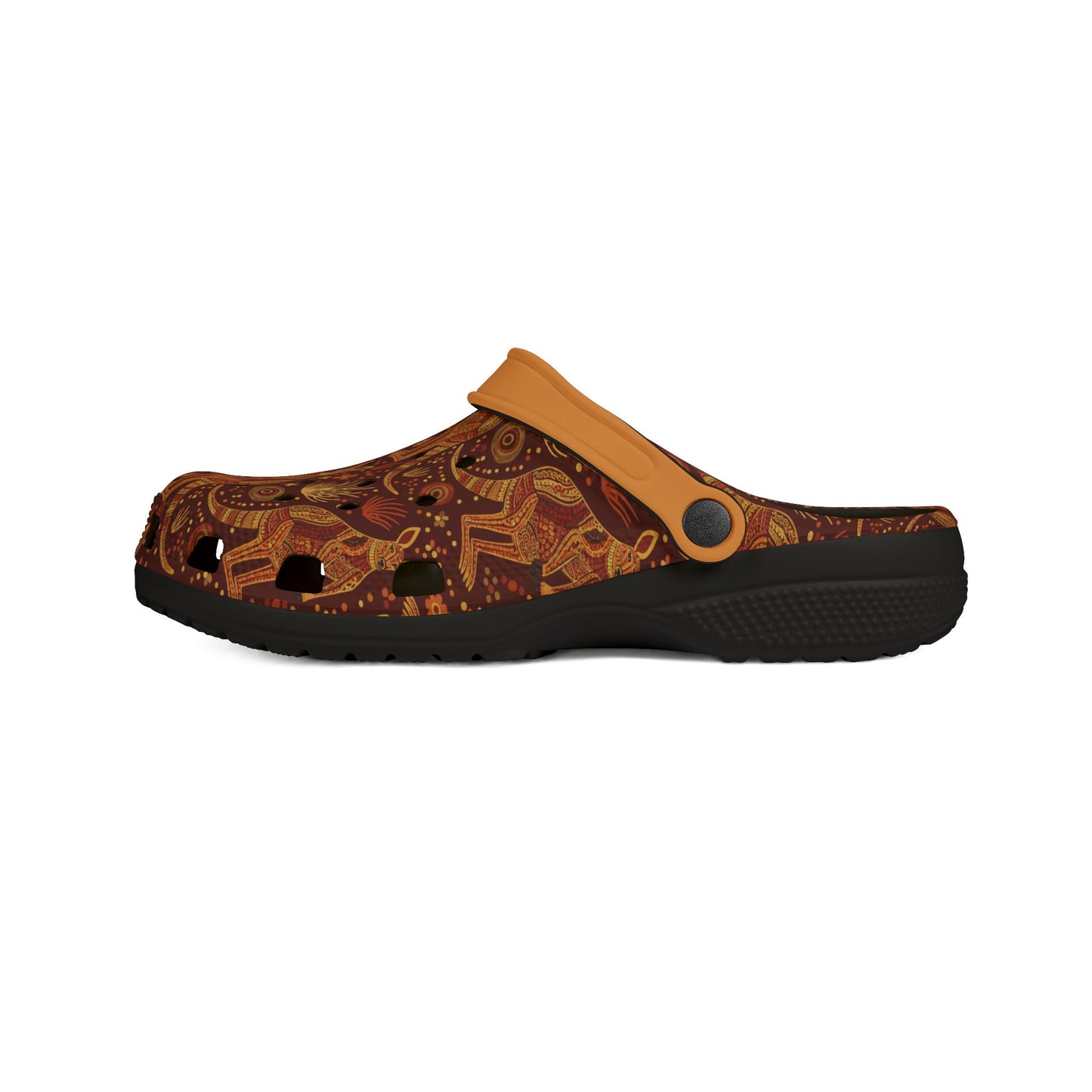 Slip-on clog with patterned brown upper, orange strap, black outsole, molded tread