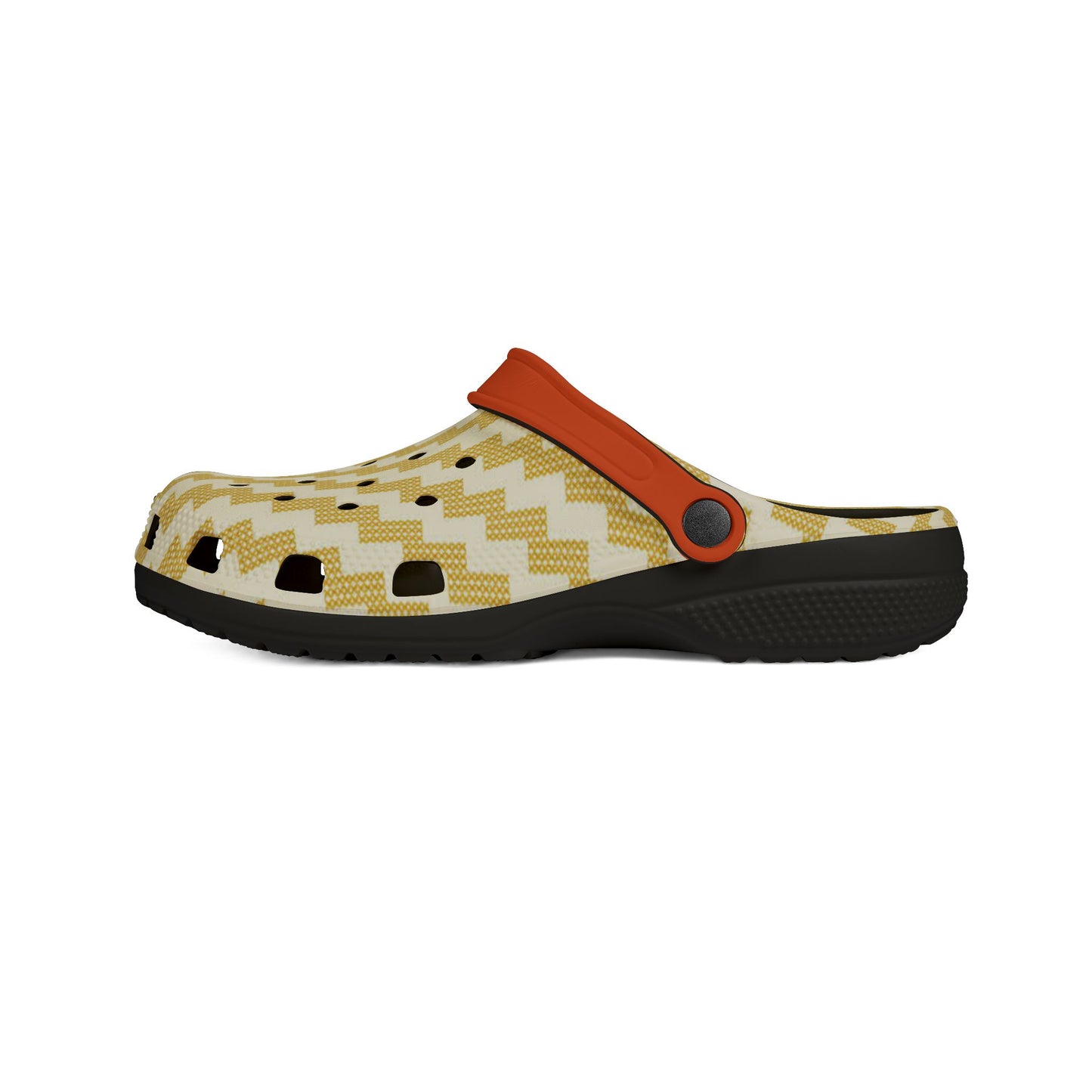 Poutama clog side view with yellow zigzag upper, orange strap, and dark sole