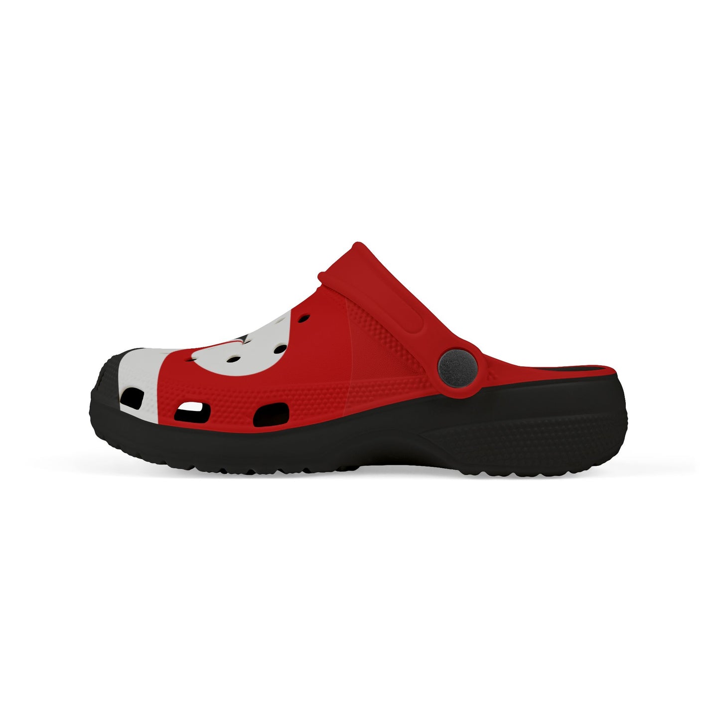 Red and black slip-on clog with white panel, round vents, and textured sole