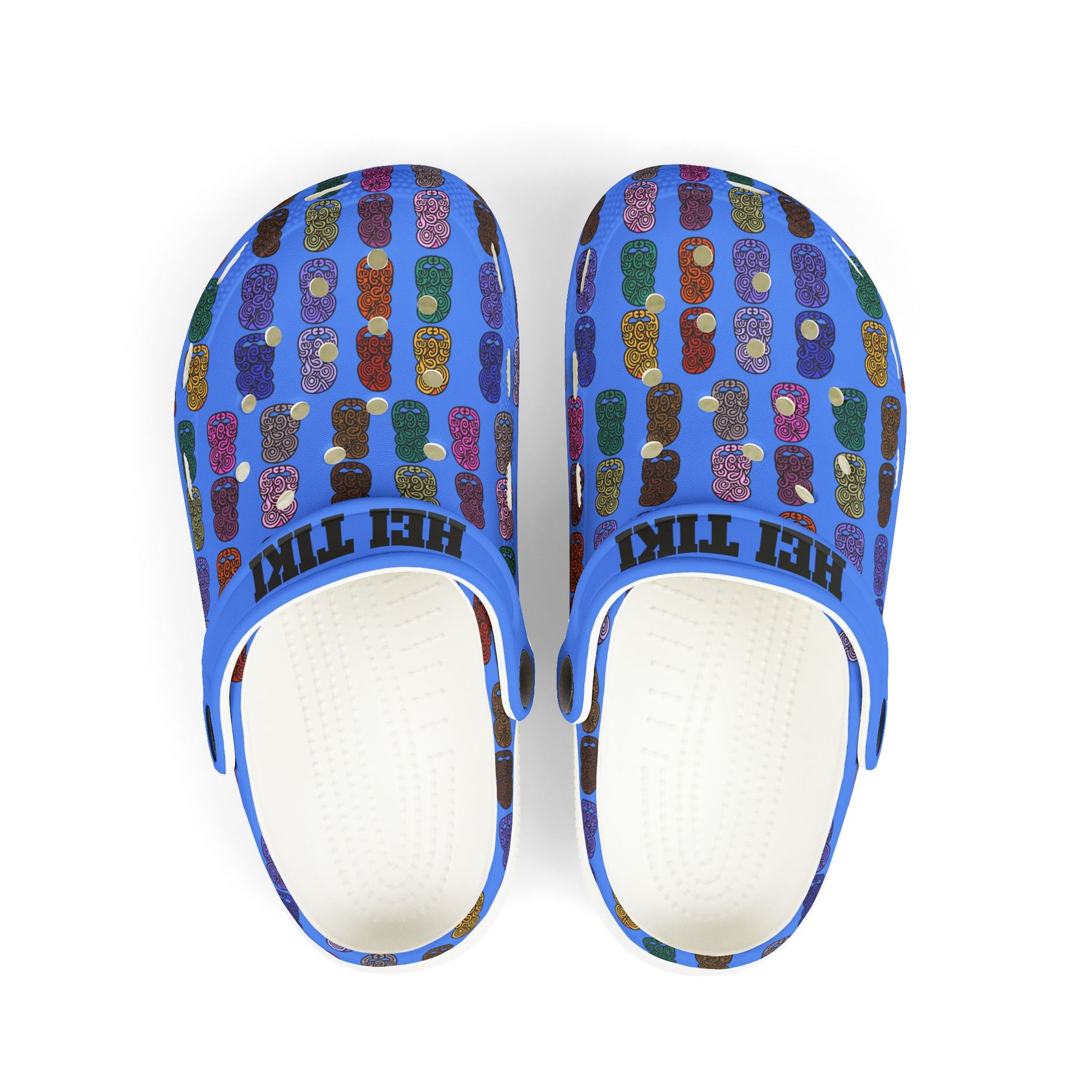 Kids slip-on casual shoe with blue pattern upper, multicolor tiki print, white insole