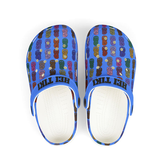 Kids slip-on casual shoe with blue pattern upper, multicolor tiki print, white insole