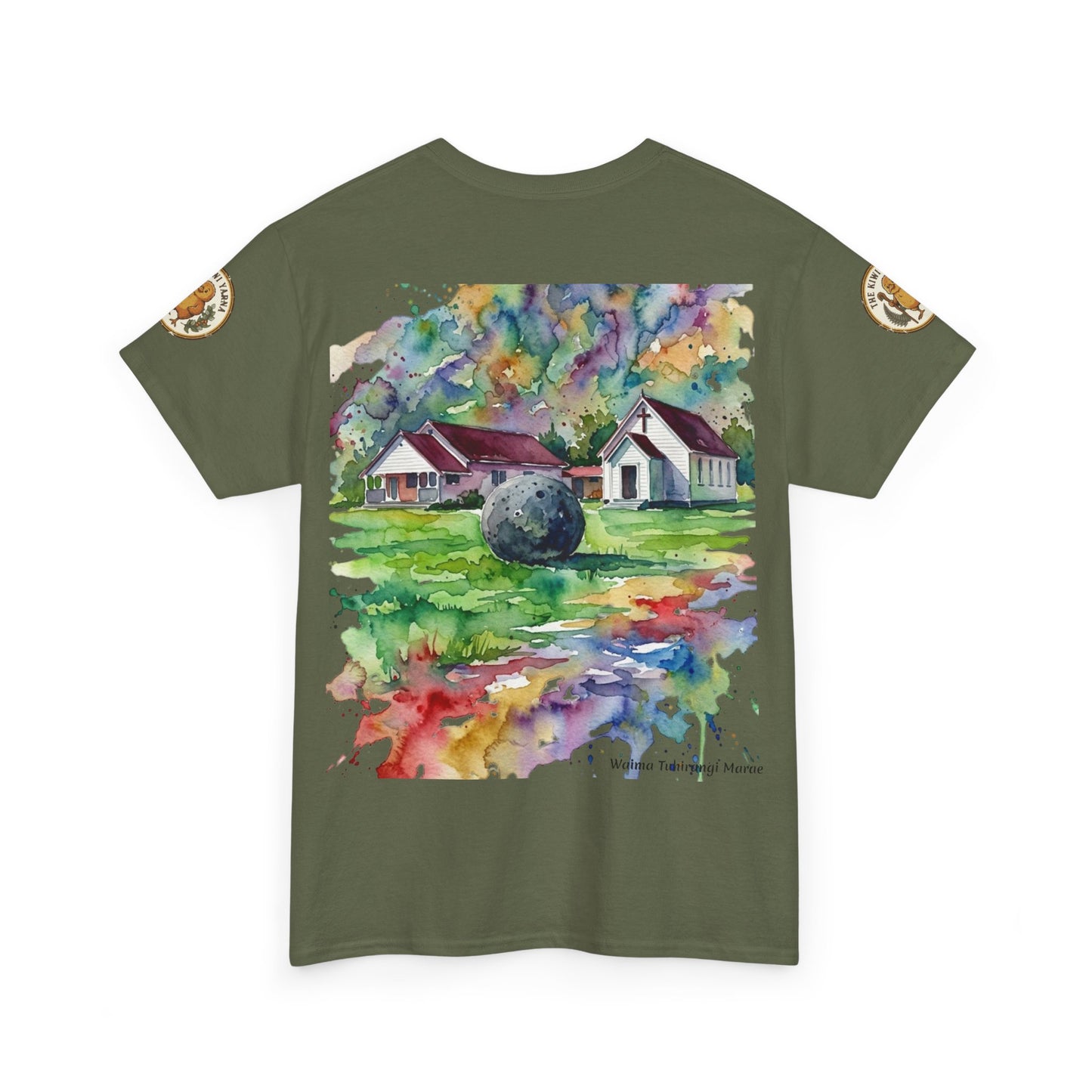 Forest green graphic T-shirt with colorful watercolor house scene
