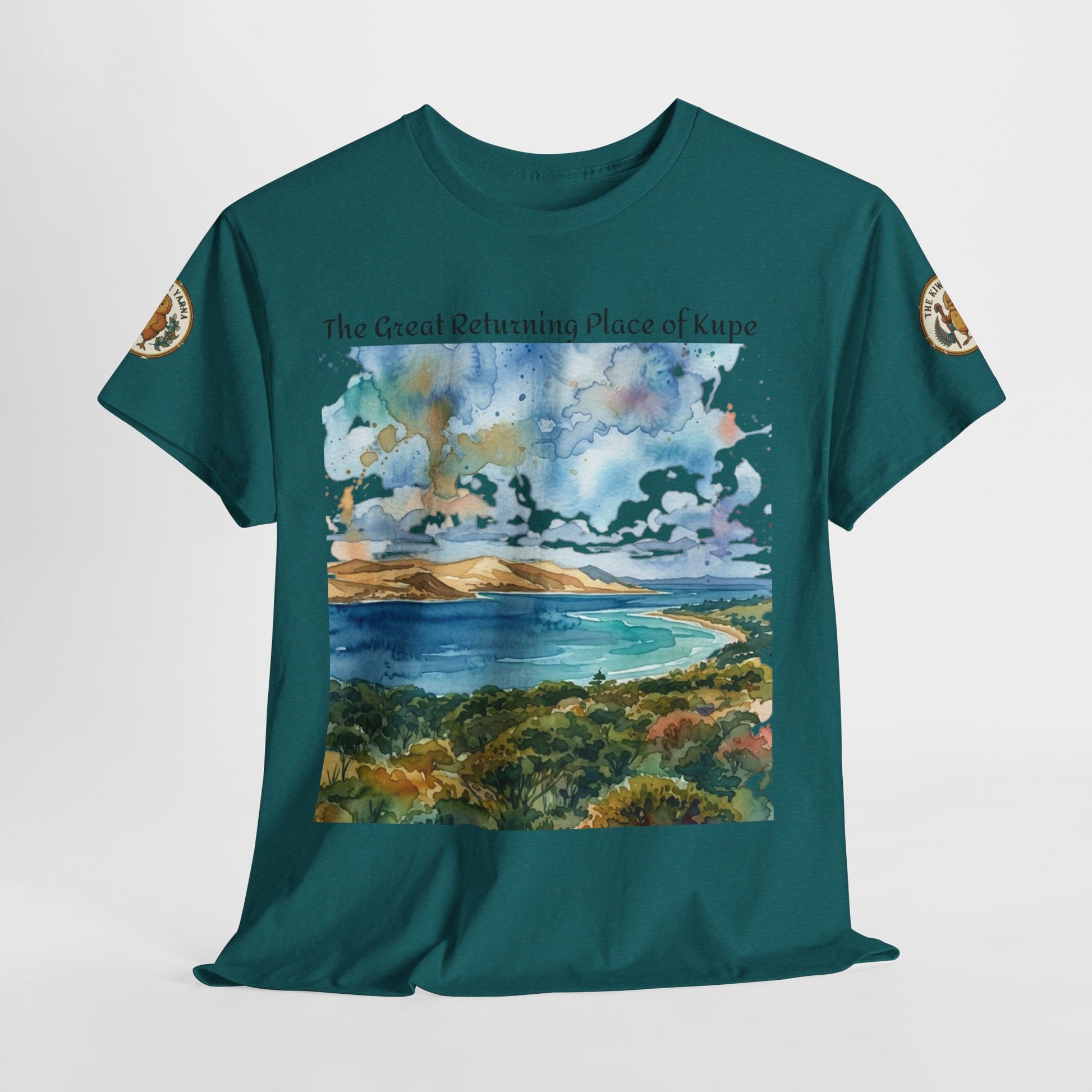Teal unisex graphic T-shirt with full front landscape art and round sleeve emblem logos