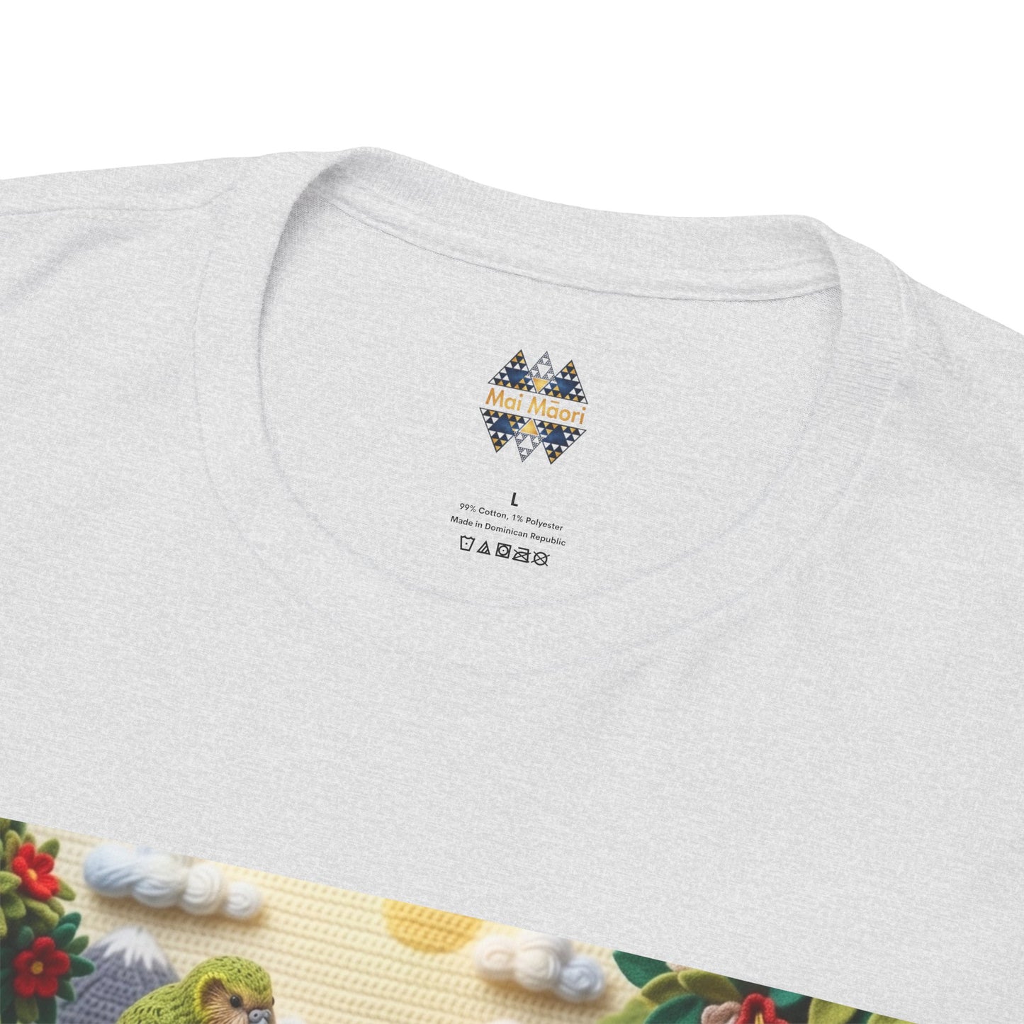 Heather gray T-shirt with small back neck logo and care labels