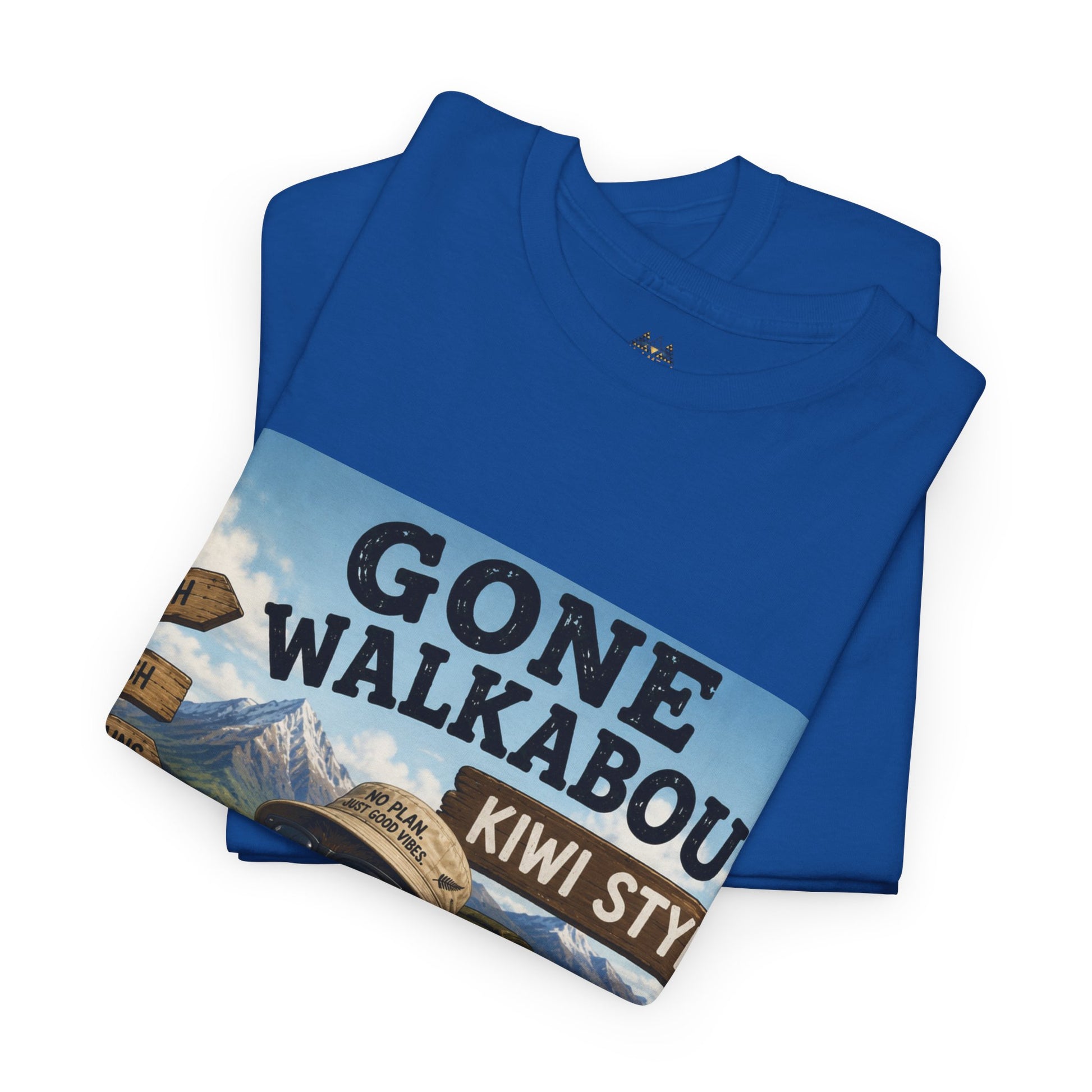 Blue crewneck graphic T-shirt with large kiwi adventure poster print