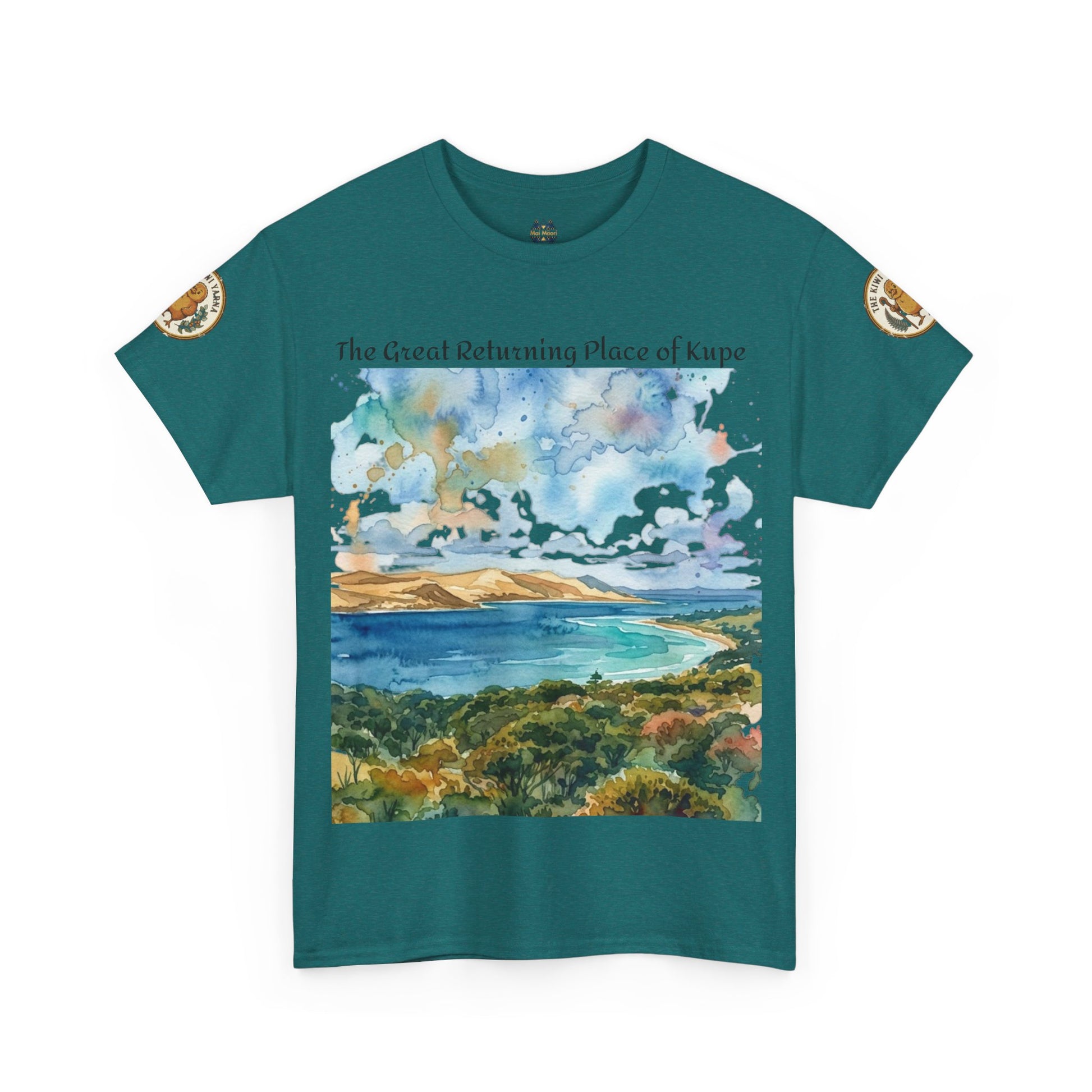 Teal crewneck T-shirt with landscape print and gold sleeve patches, front view.