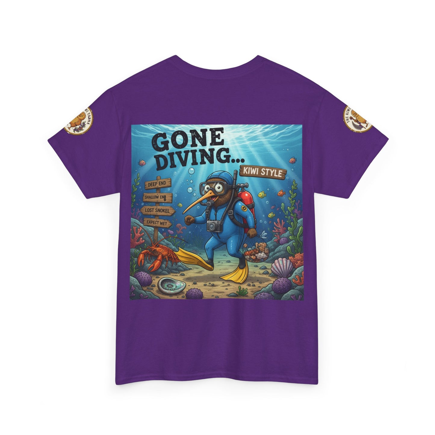 Purple crew-neck t-shirt with centered underwater cartoon graphic and sleeve patches