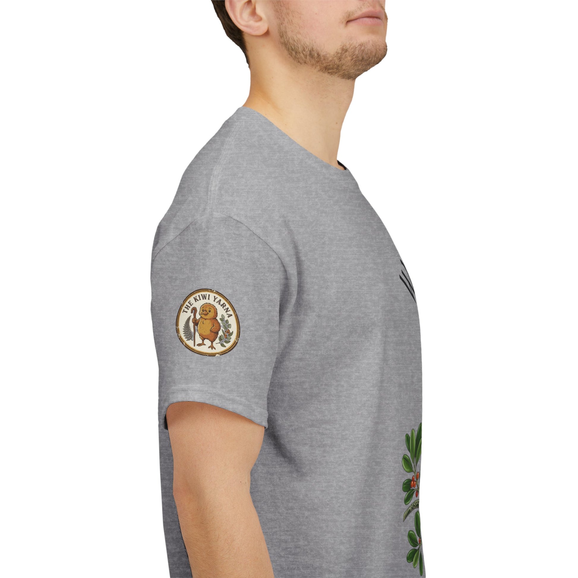 Heather gray T-shirt side view with sleeve badge and partial bird design