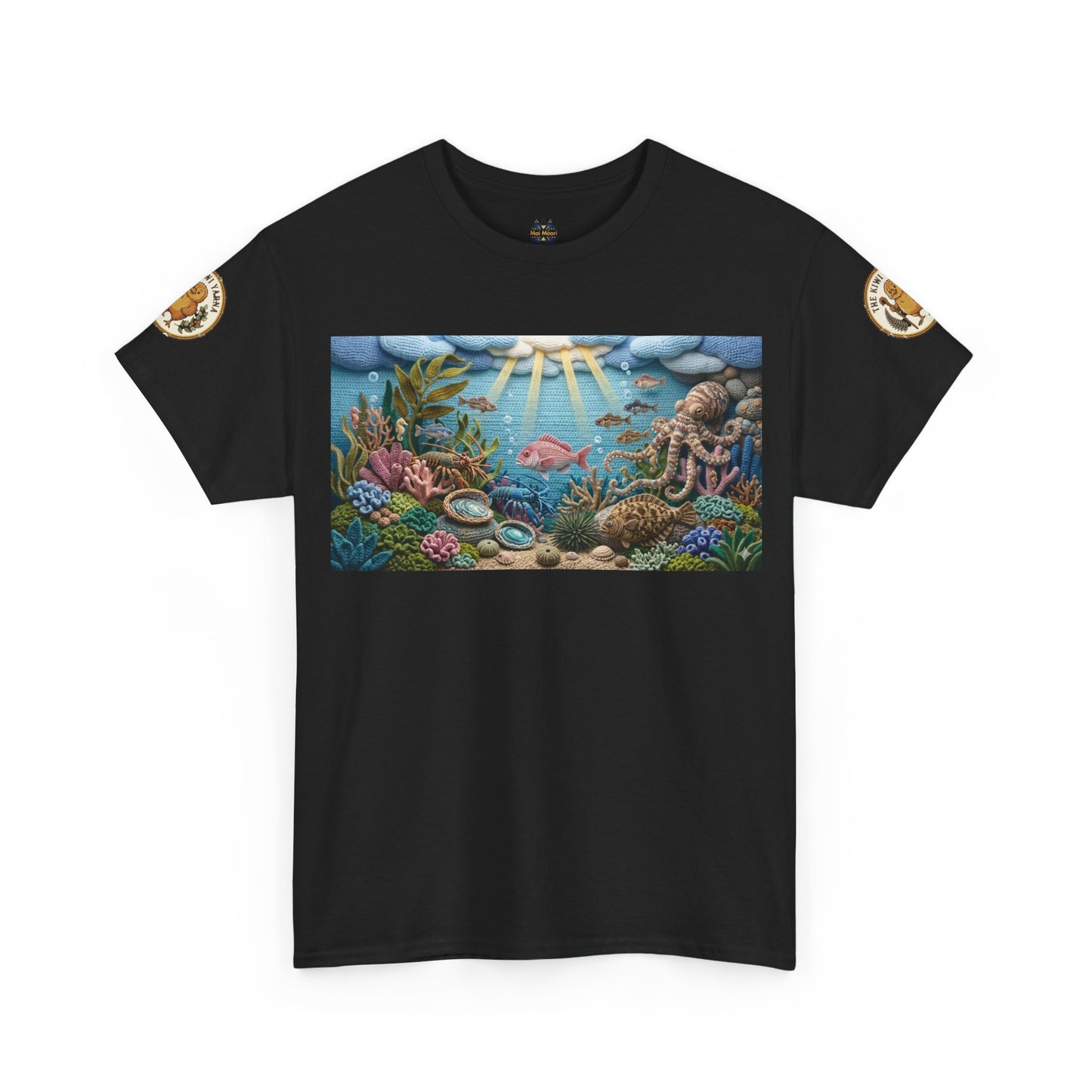 Black T-shirt with centered underwater reef graphic; small arm patches on both sleeves.
