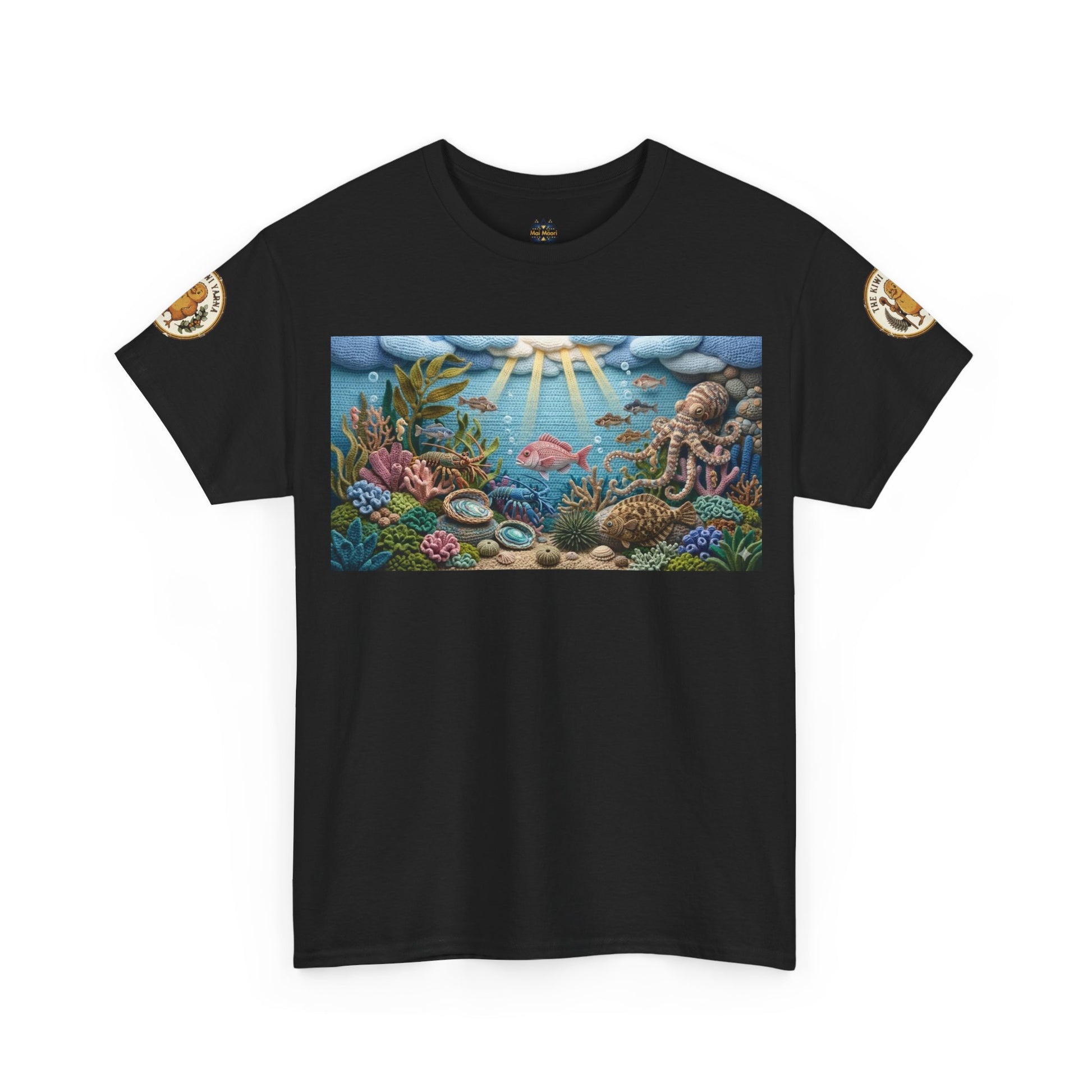Black T-shirt with centered underwater reef graphic; small arm patches on both sleeves.