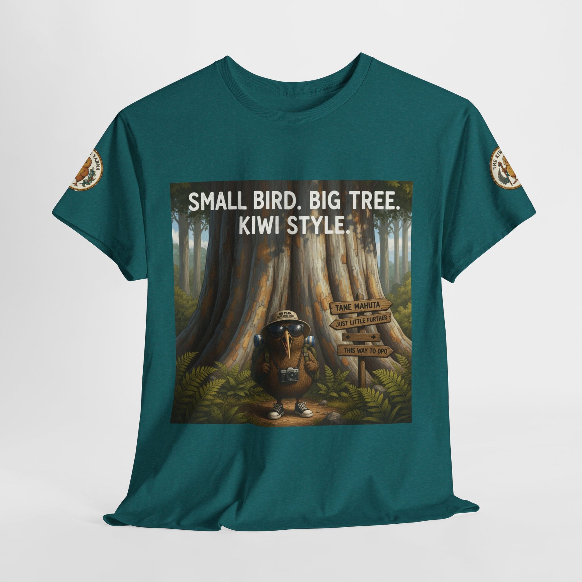 Teal graphic T-shirt with front poster print and text 'KIWI STYLE'