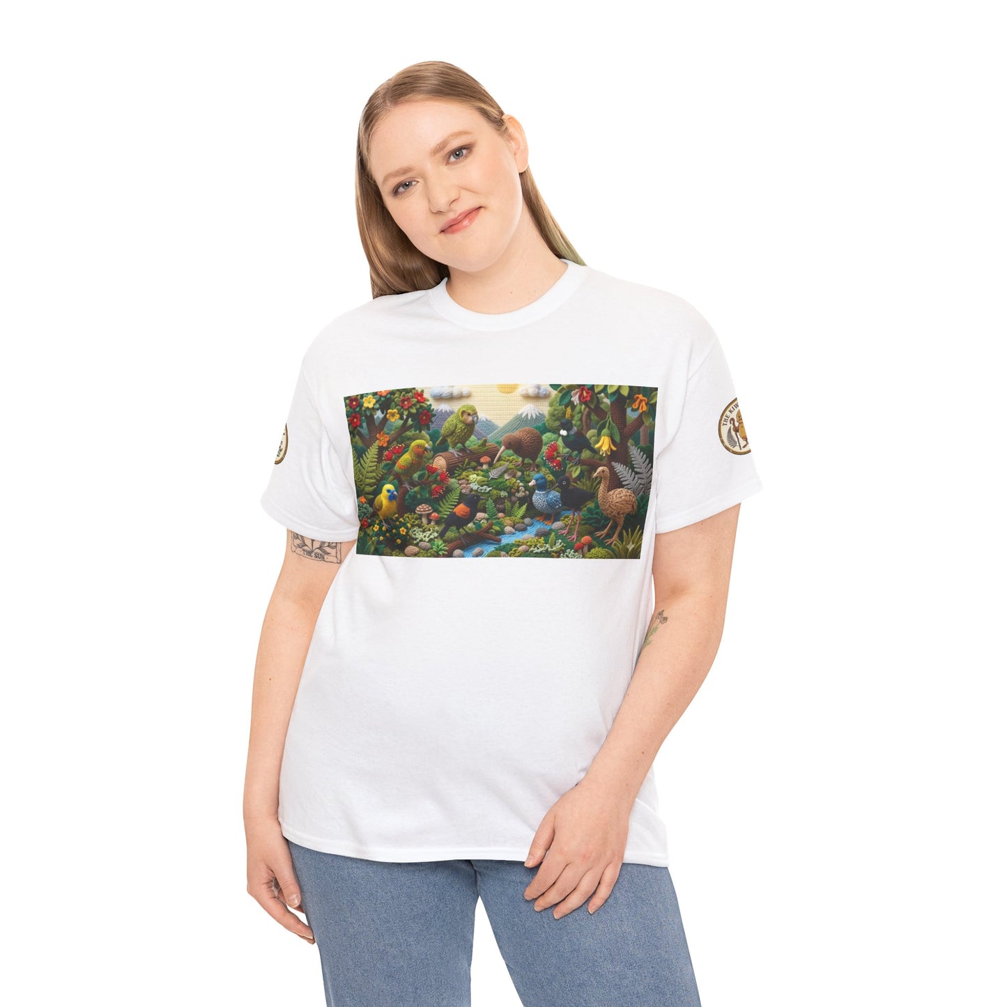 White graphic T-shirt worn by model, wide nature birds and flowers panel on chest