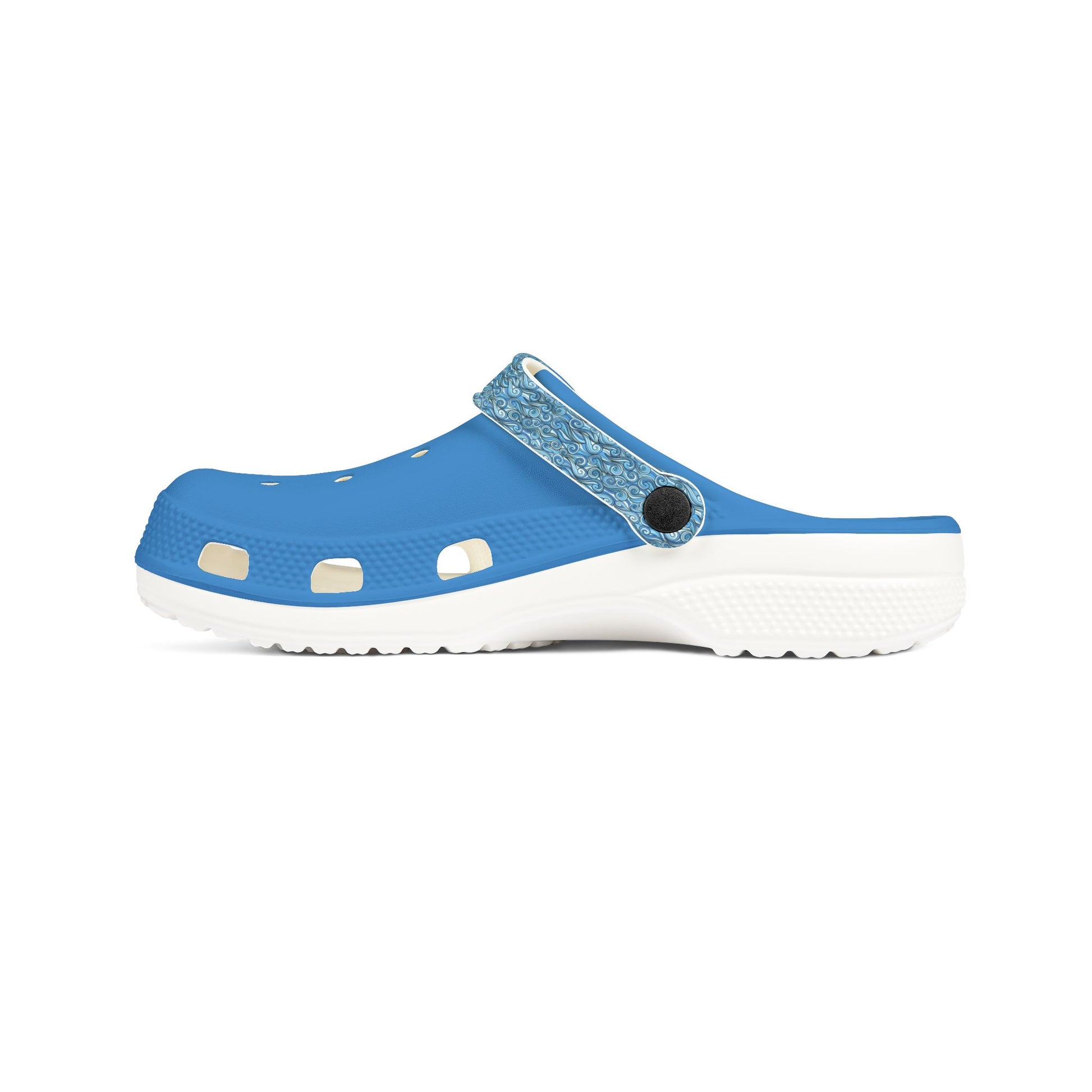 Blue slip-on clog sandal with perforated toe and textured white sole