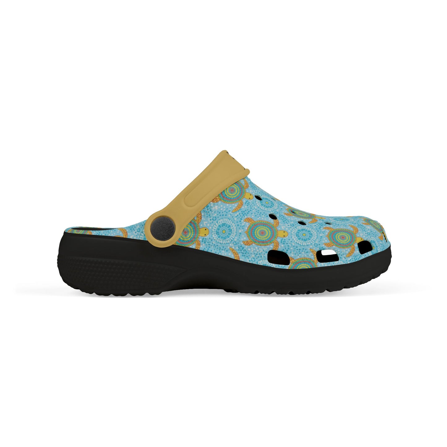 Front side view of blue patterned slip-on clogs with tan strap and black sole