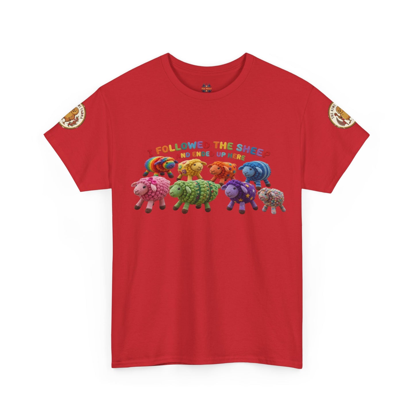Red short-sleeve T-shirt with colorful sheep graphic and small sleeve patch accents