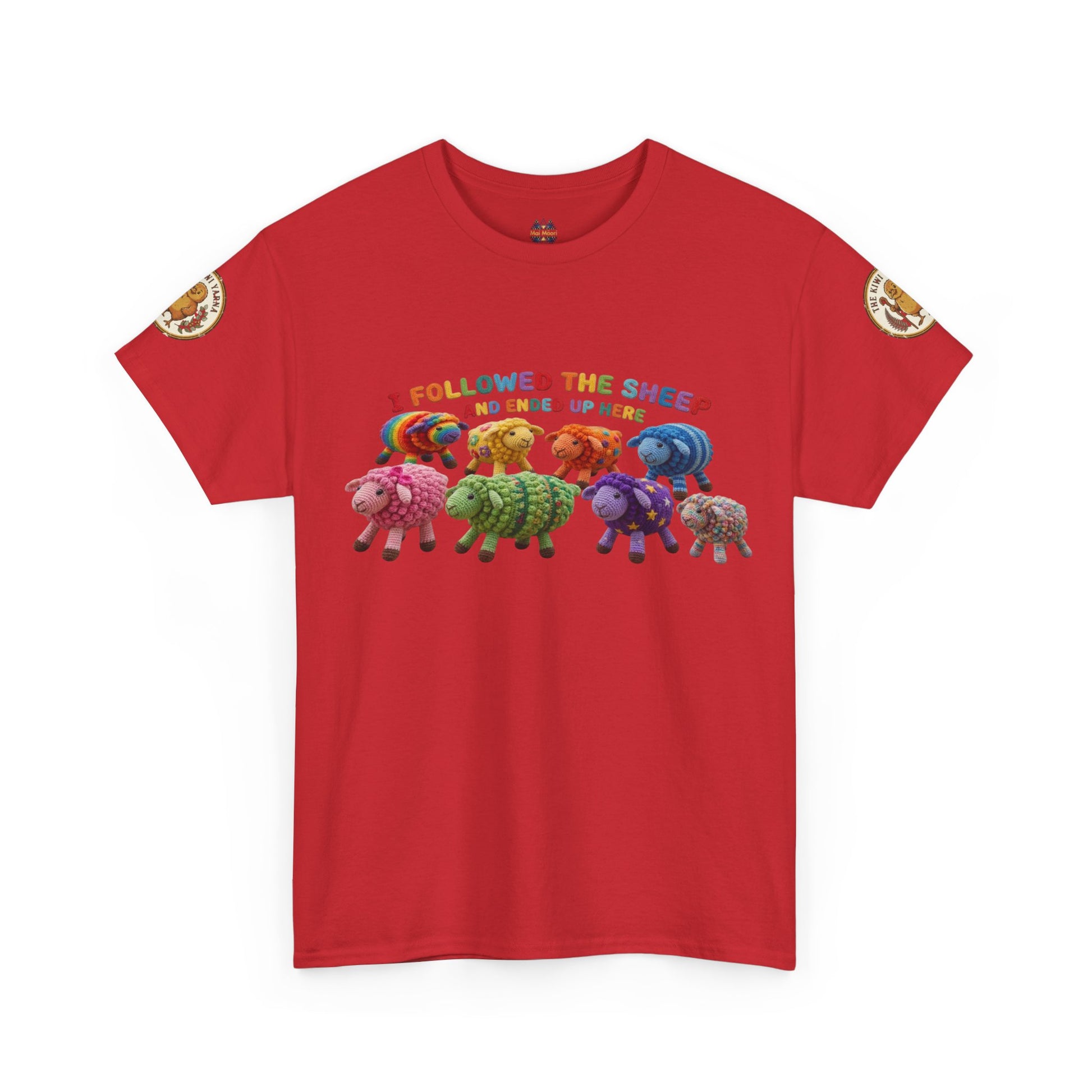Red short-sleeve T-shirt with colorful sheep graphic and small sleeve patch accents