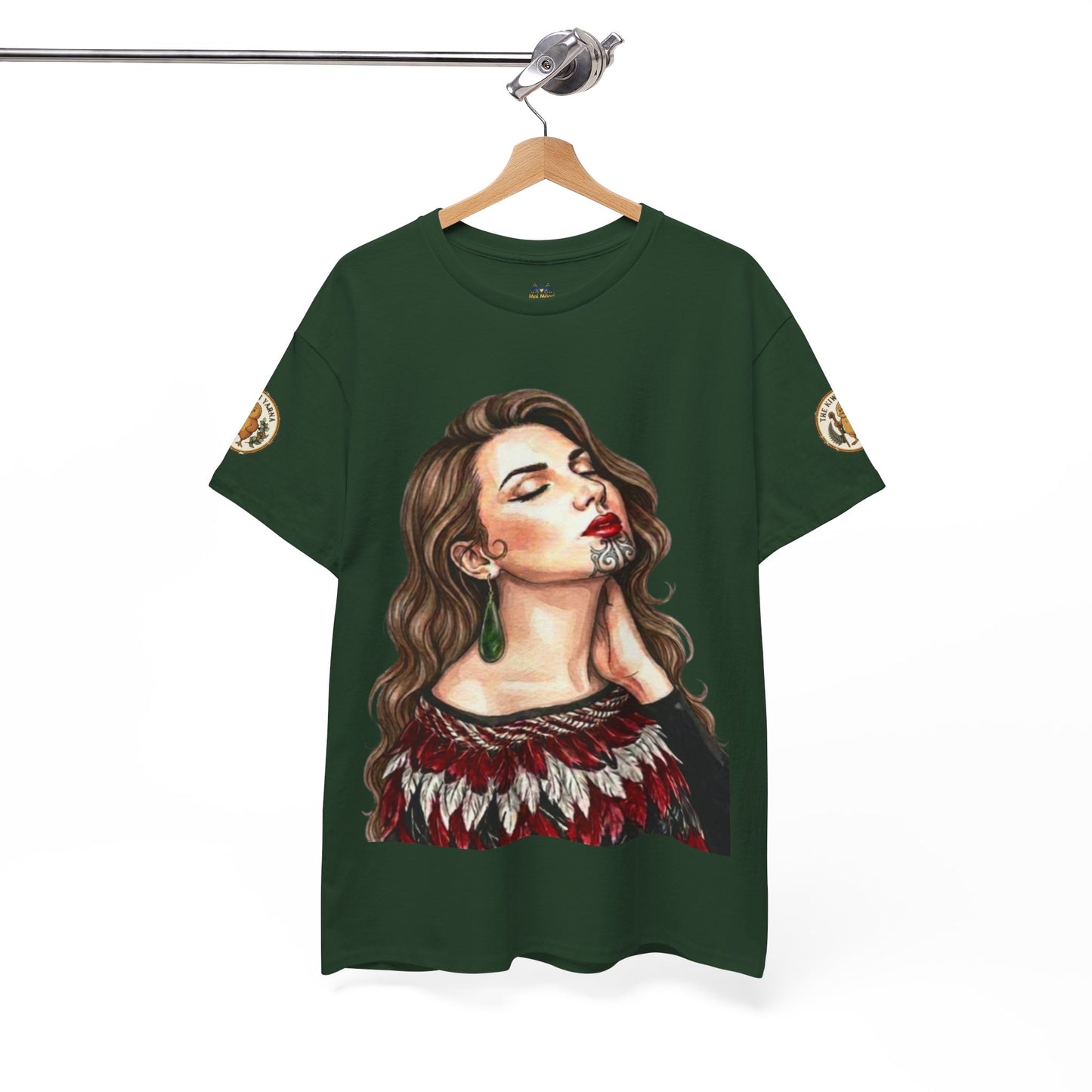 Dark green graphic crewneck T-shirt on hanger with woman profile portrait print.