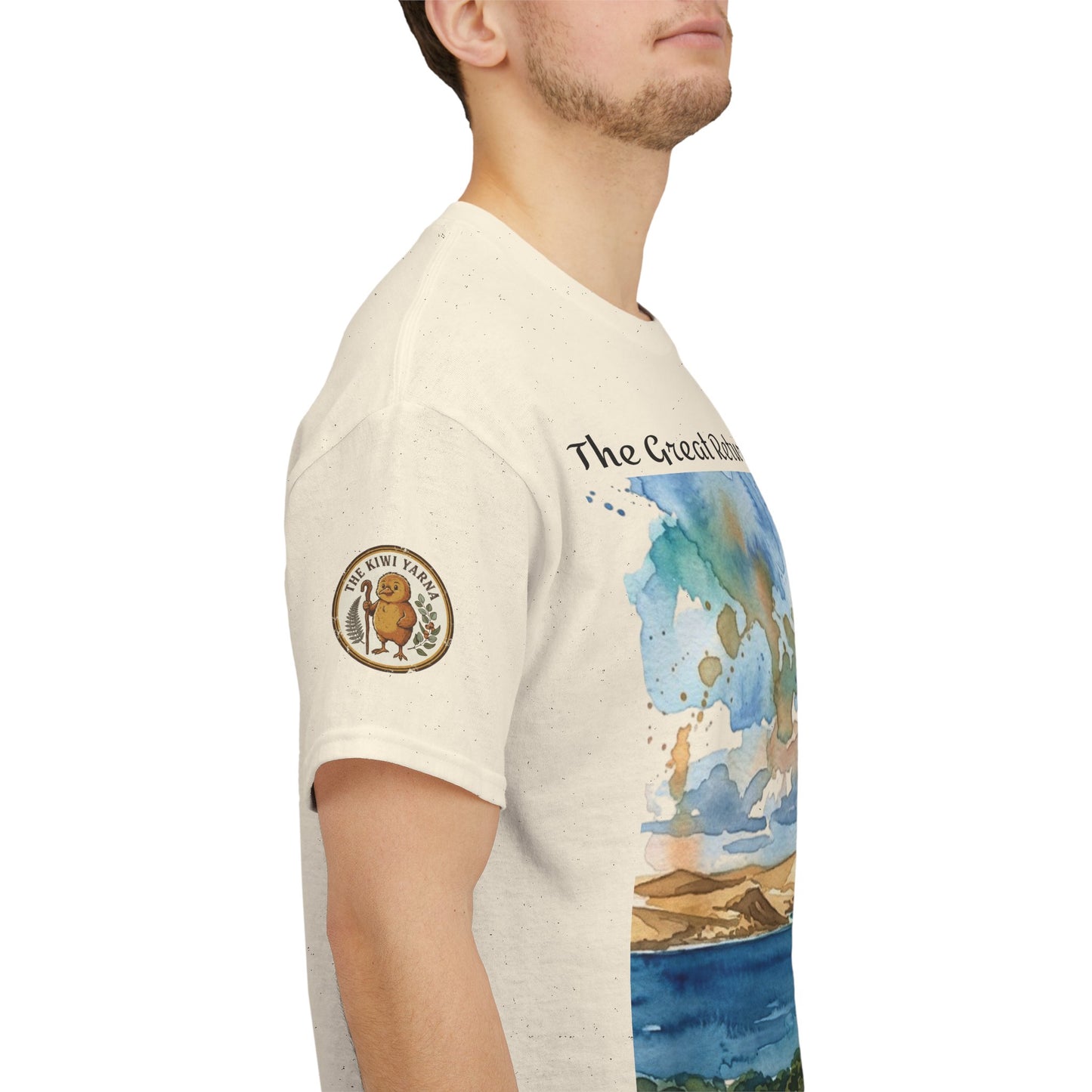 Cream T-shirt on model, side view with front landscape graphic and shoulder patch