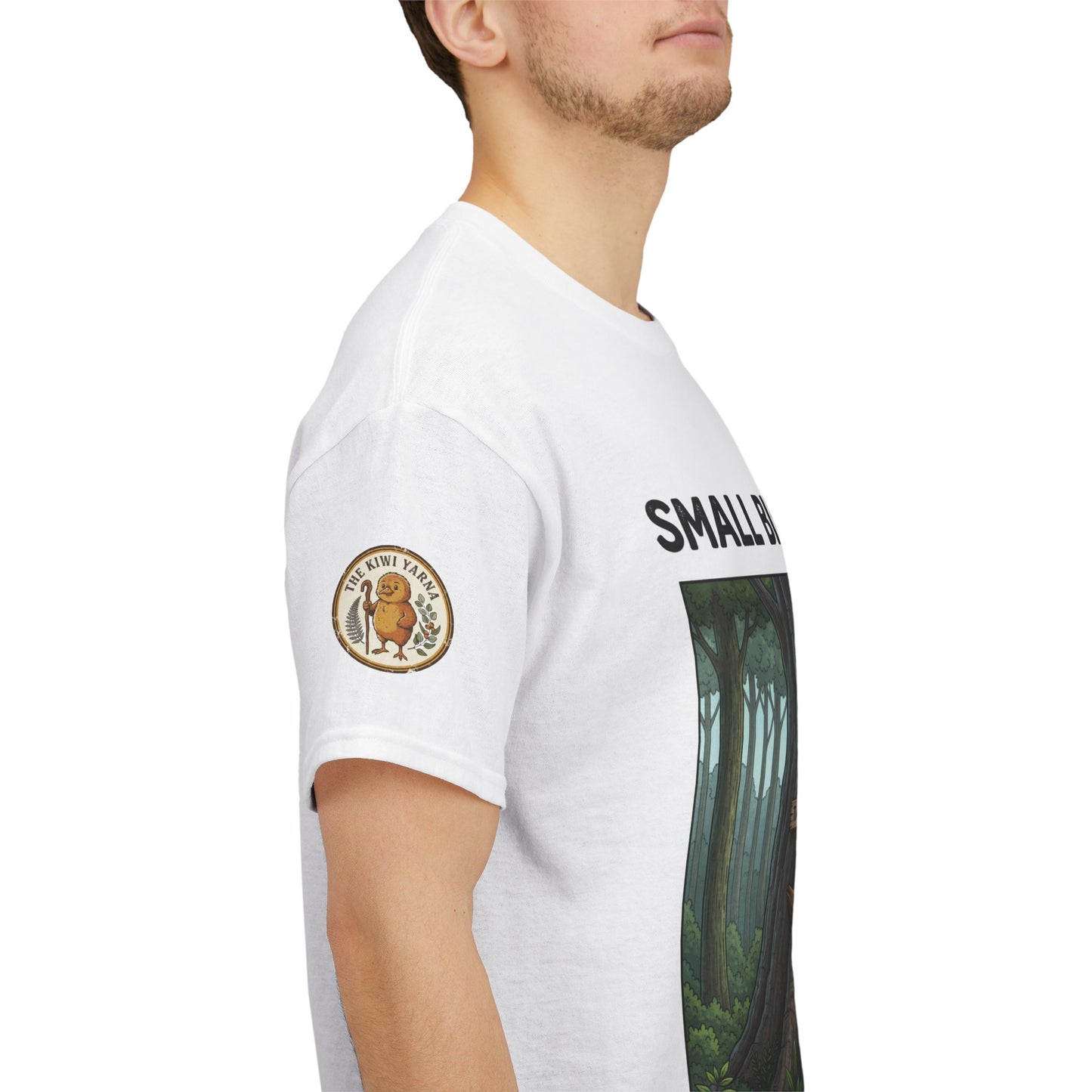White short-sleeve crew neck T-shirt with forest graphic and sleeve logo patch
