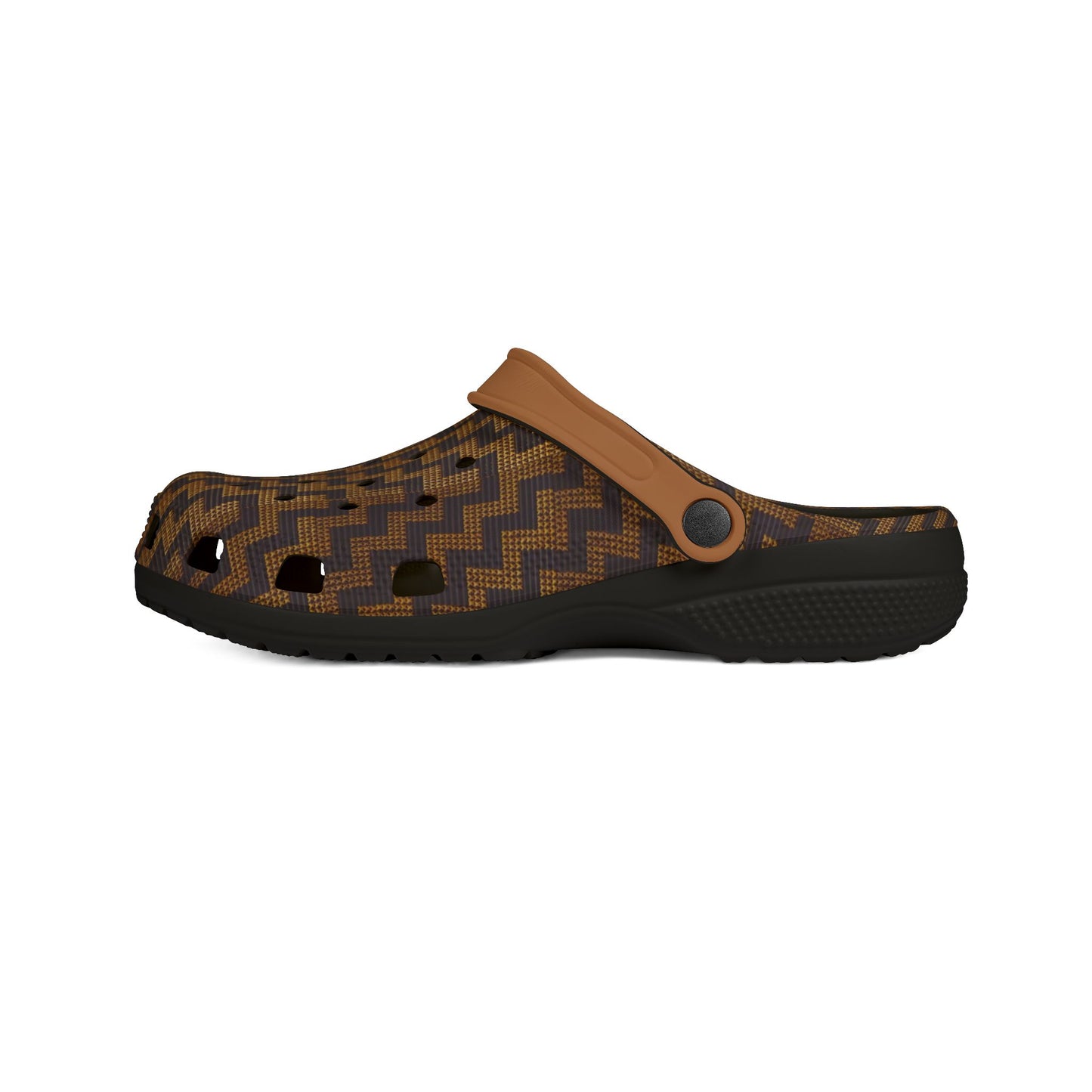 Tukutuku clog sandals with brown zigzag patterned upper, tan strap, and dark sole