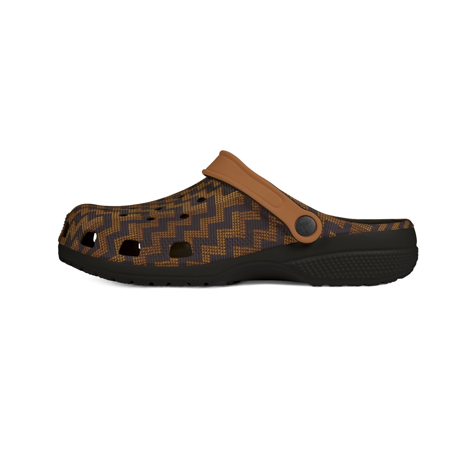 Tukutuku clog sandals with brown zigzag patterned upper, tan strap, and dark sole