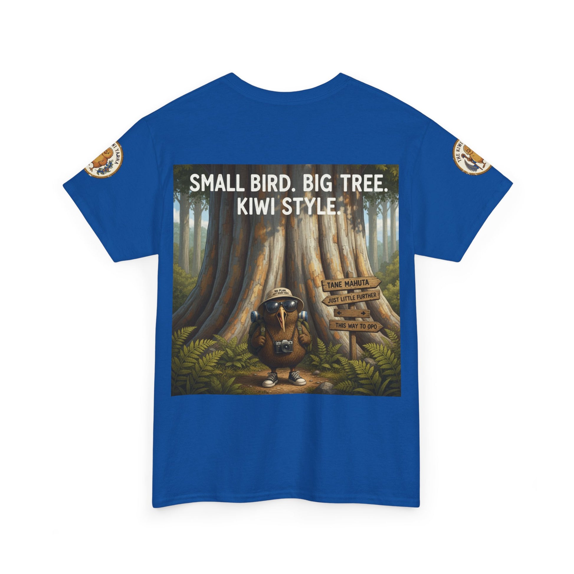 Blue crew-neck T-shirt with large front graphic featuring bird and forest tree scene.