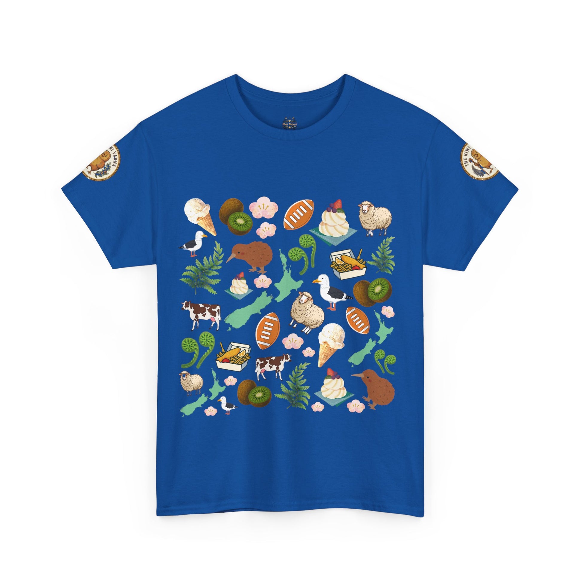Royal blue short-sleeve T-shirt with colorful Kiwiana animal and fruit graphic print