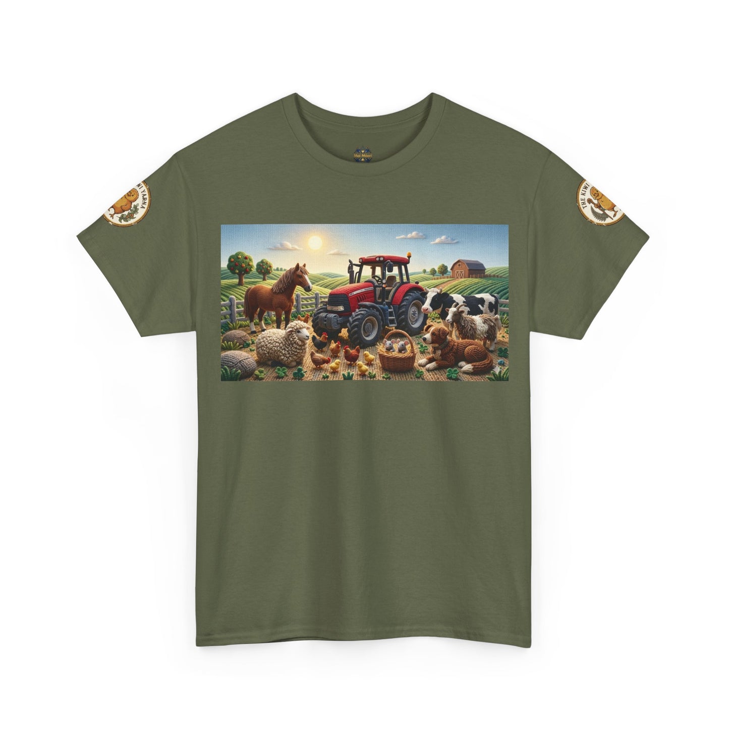 Olive green farm graphic T-shirt with front rectangle tractor-and-animals scene and sleeve patches