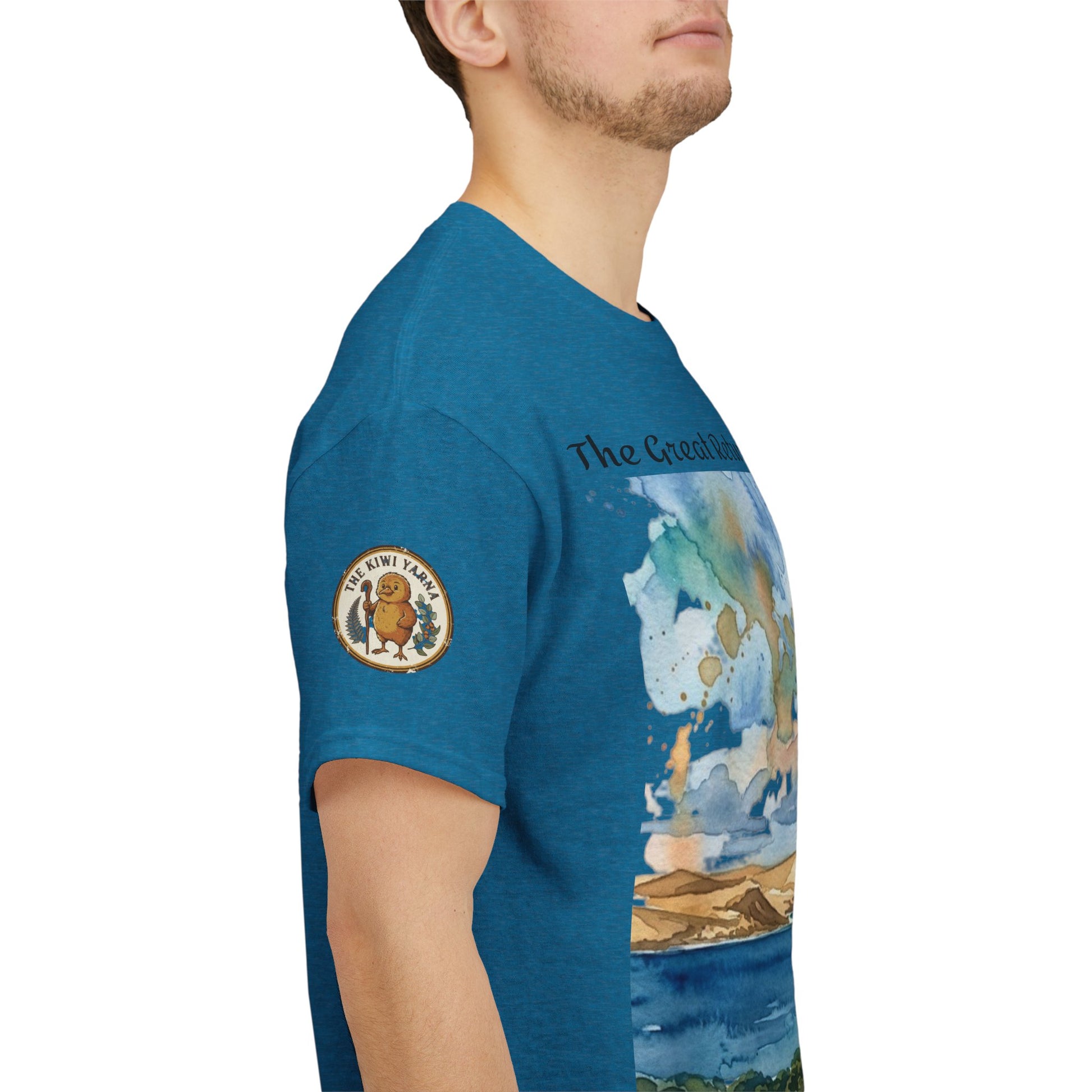 Teal unisex graphic T-shirt with side view of circular sleeve logo and landscape panel