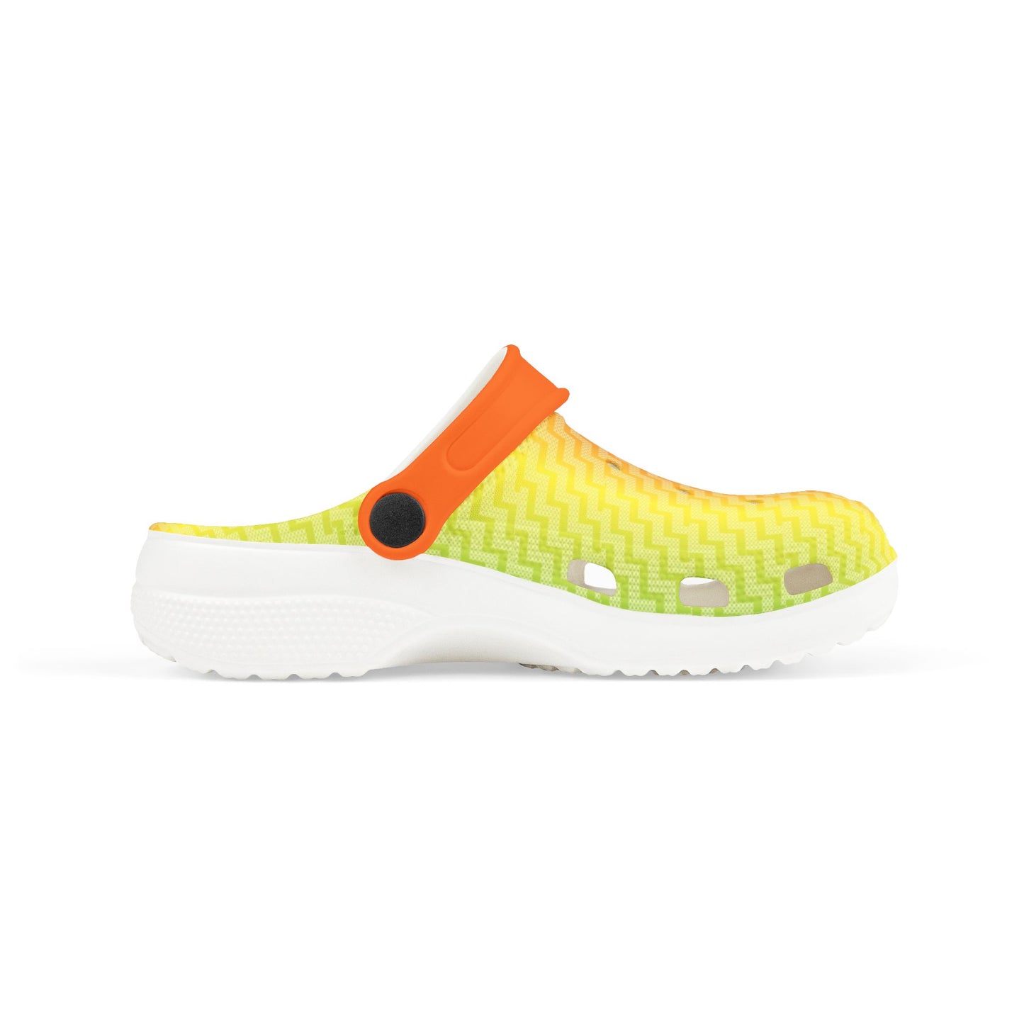 Croc-style slip-on clogs with orange and neon-yellow upper and white rubber sole
