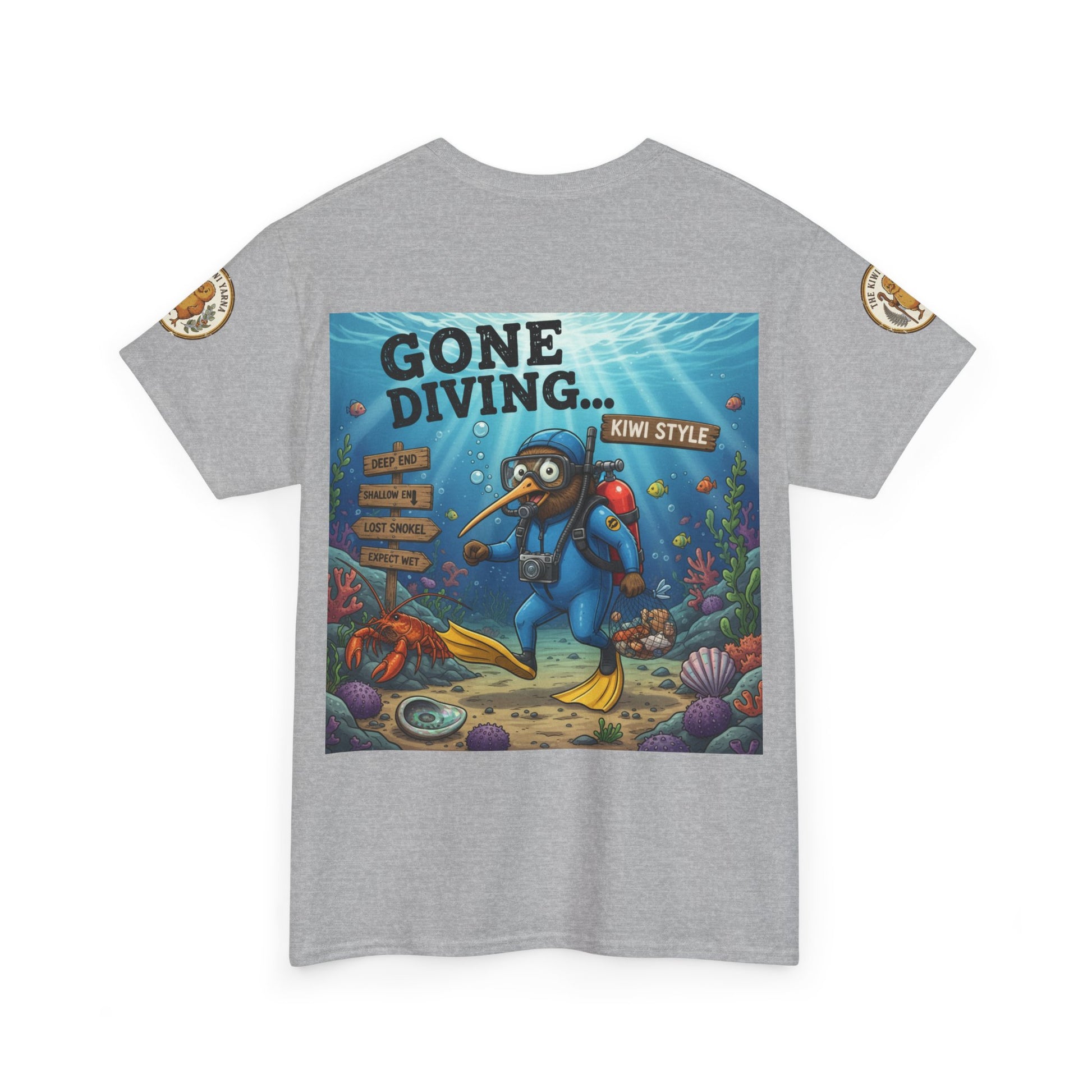 Gray crewneck graphic T-shirt with underwater diver square front print