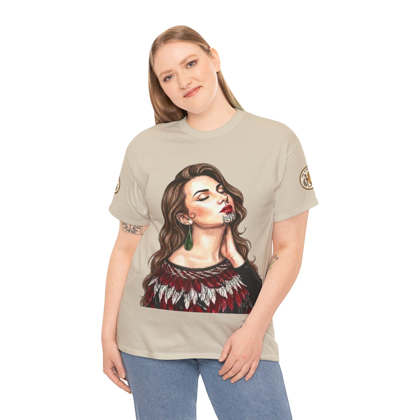 Beige graphic T-shirt worn by model, featuring woman's portrait front print