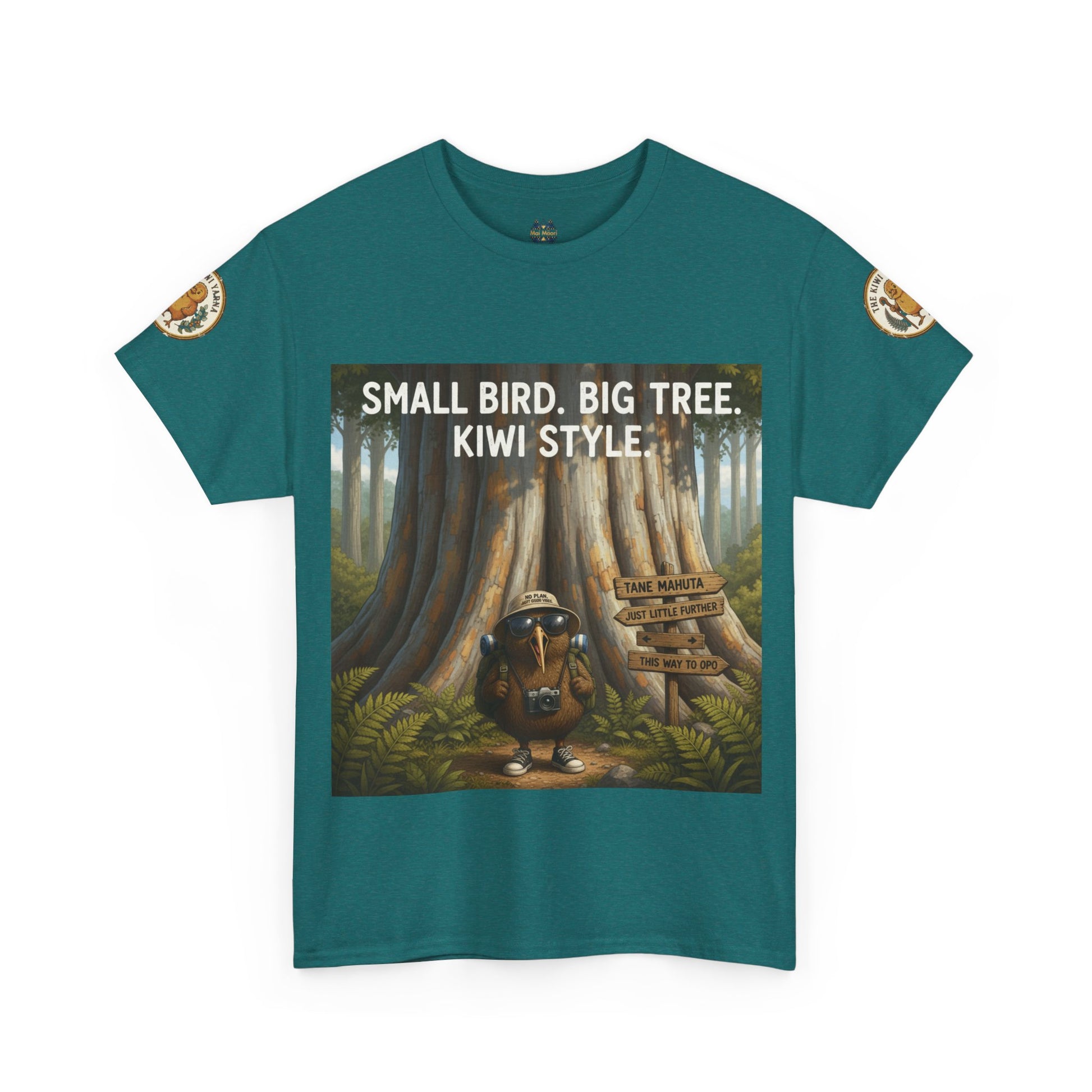 Teal graphic T-shirt with bird-and-tree scene print, short sleeves