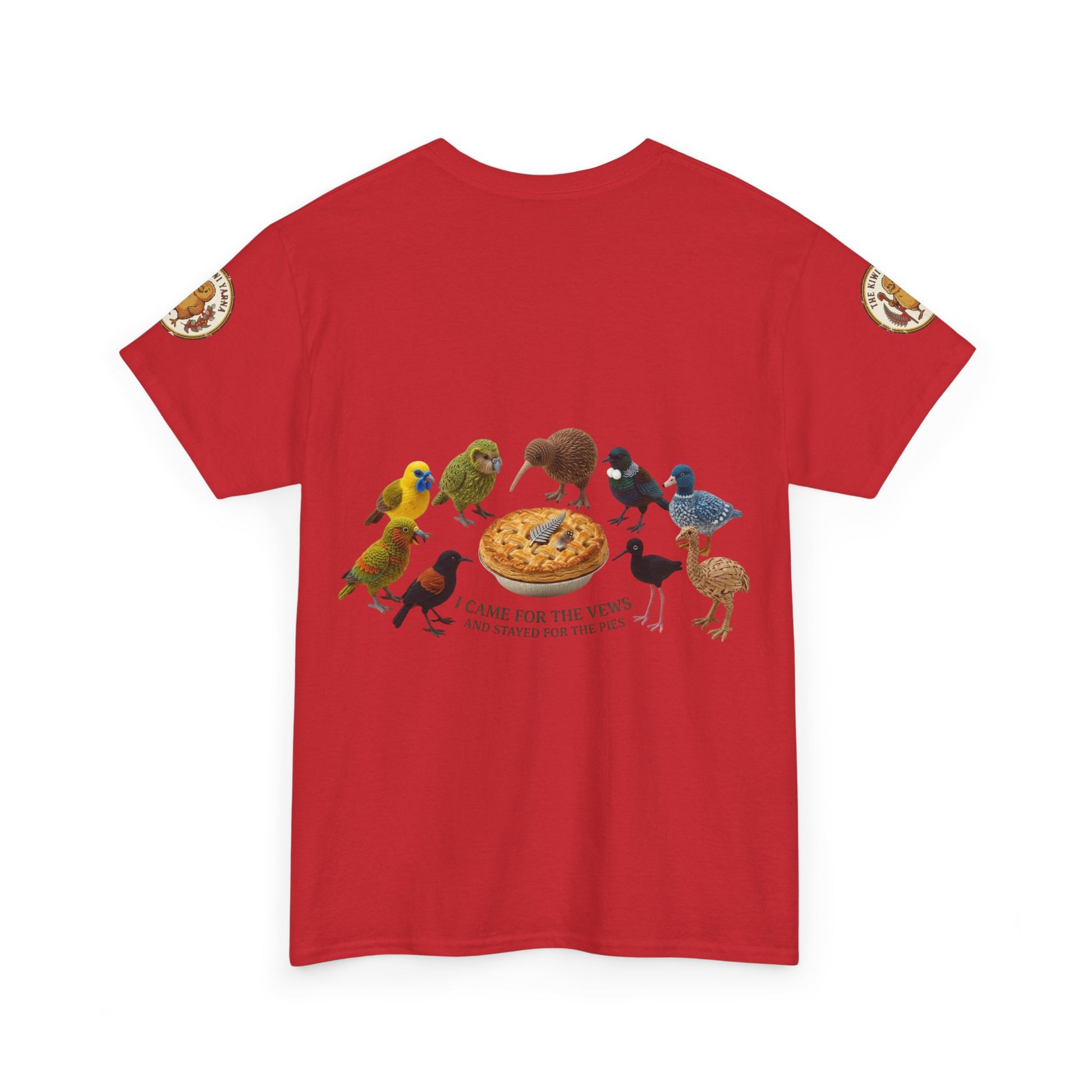 Red short-sleeve T-shirt with colorful bird graphic around a pizza illustration