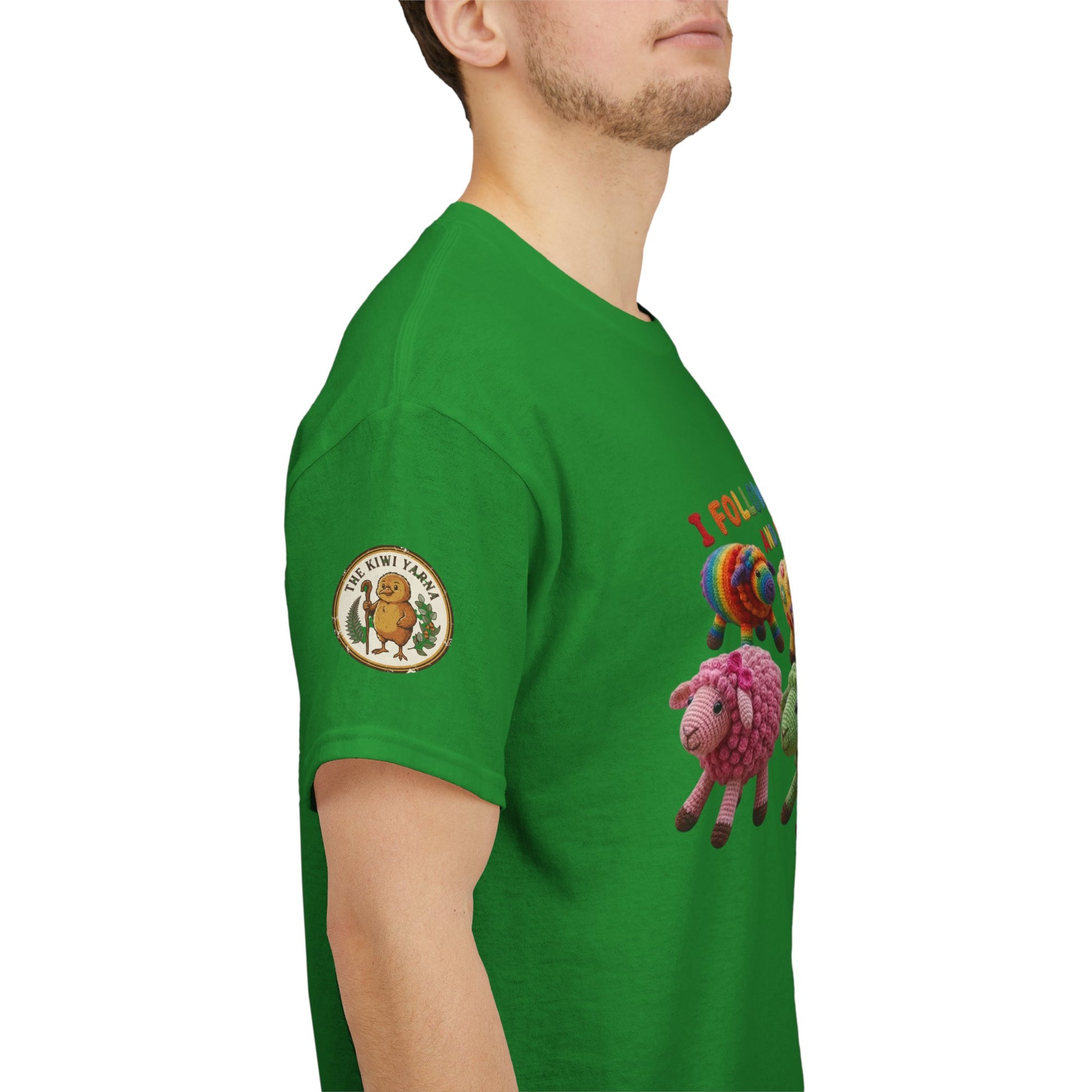 Green graphic T-shirt with sheep print on sleeve and small patch on arm