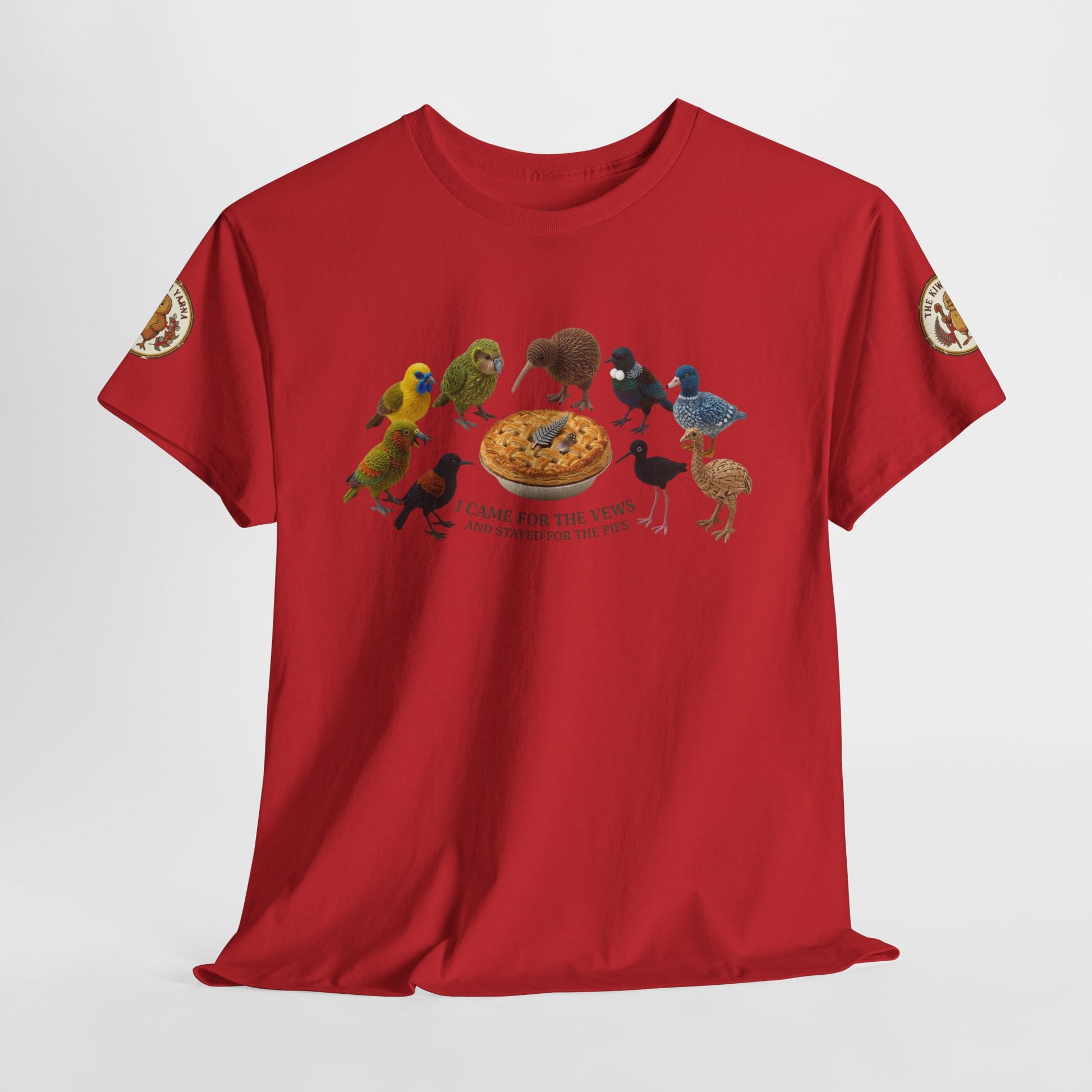 Red short-sleeve crewneck T-shirt with colorful bird-and-pizza graphic