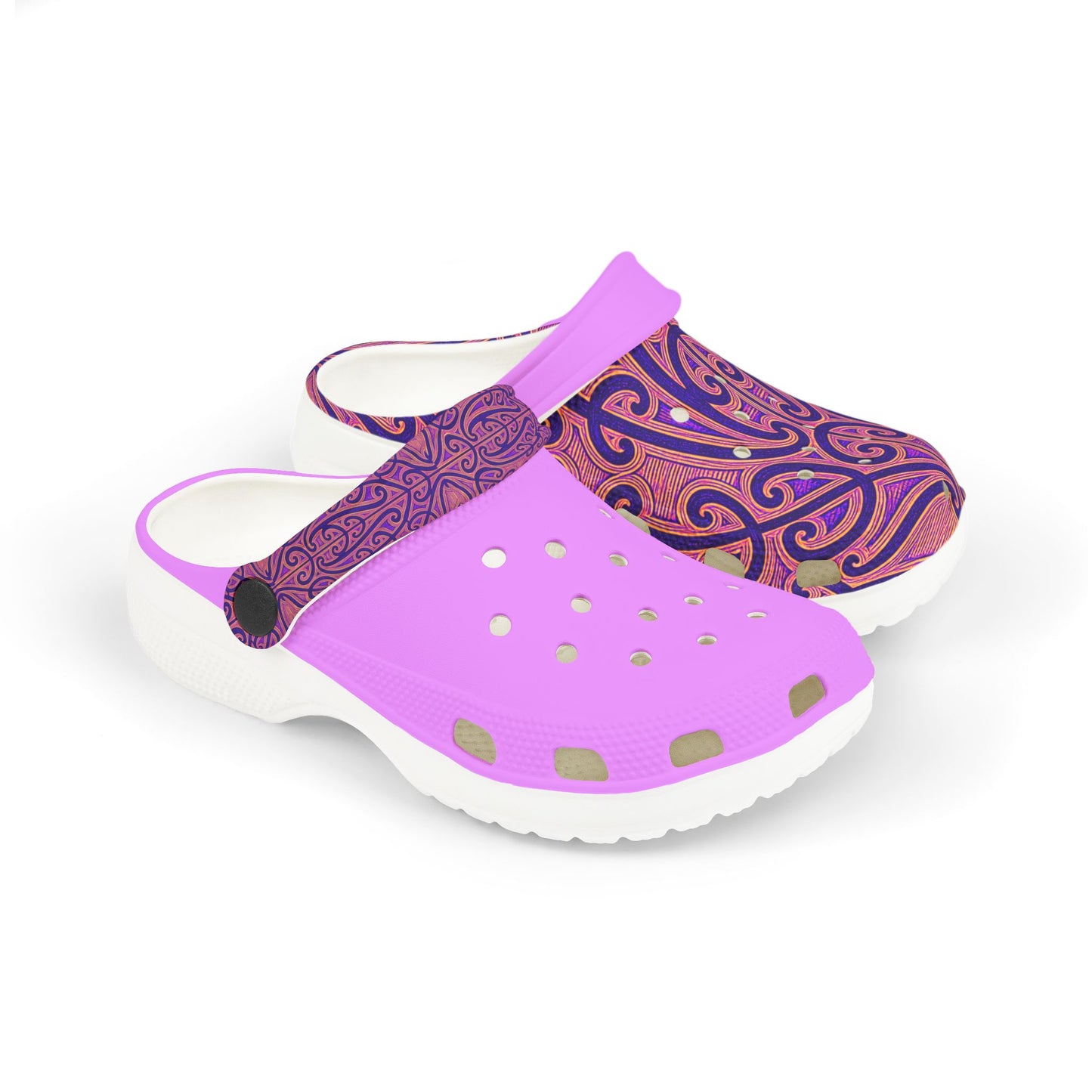 Tauira slip-on clogs with purple top panel, ornate blue/purple pattern, white sole