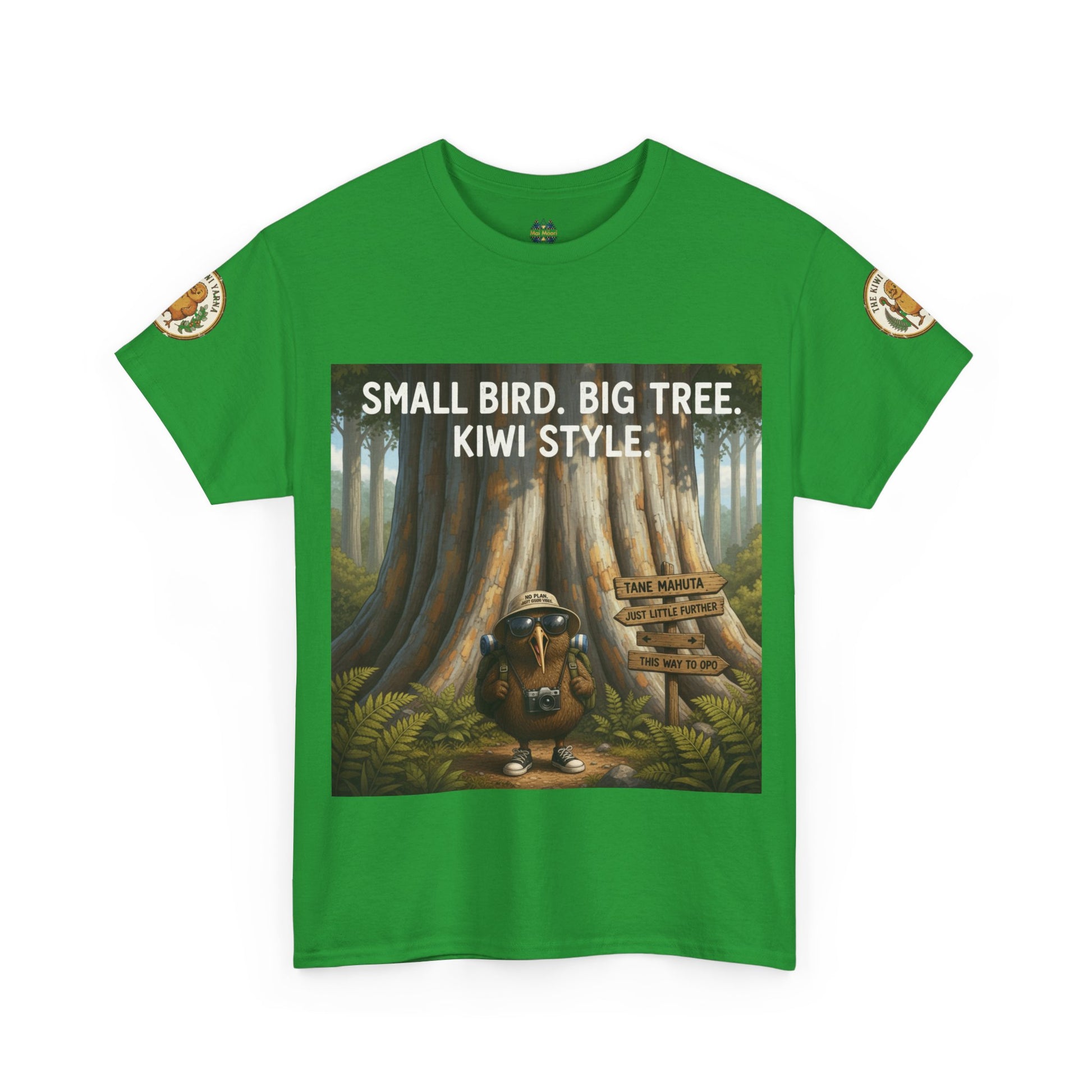 Green graphic T-shirt with bird-and-tree scene print, short sleeves