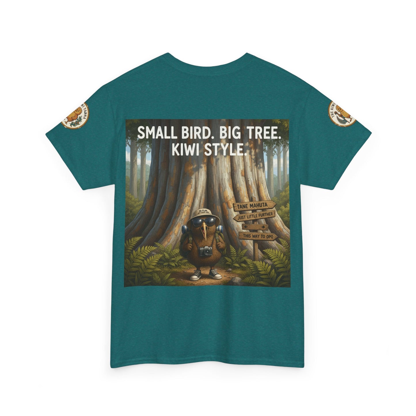 Graphic T-shirt in teal with front woodland scene and “Kiwi Style” text