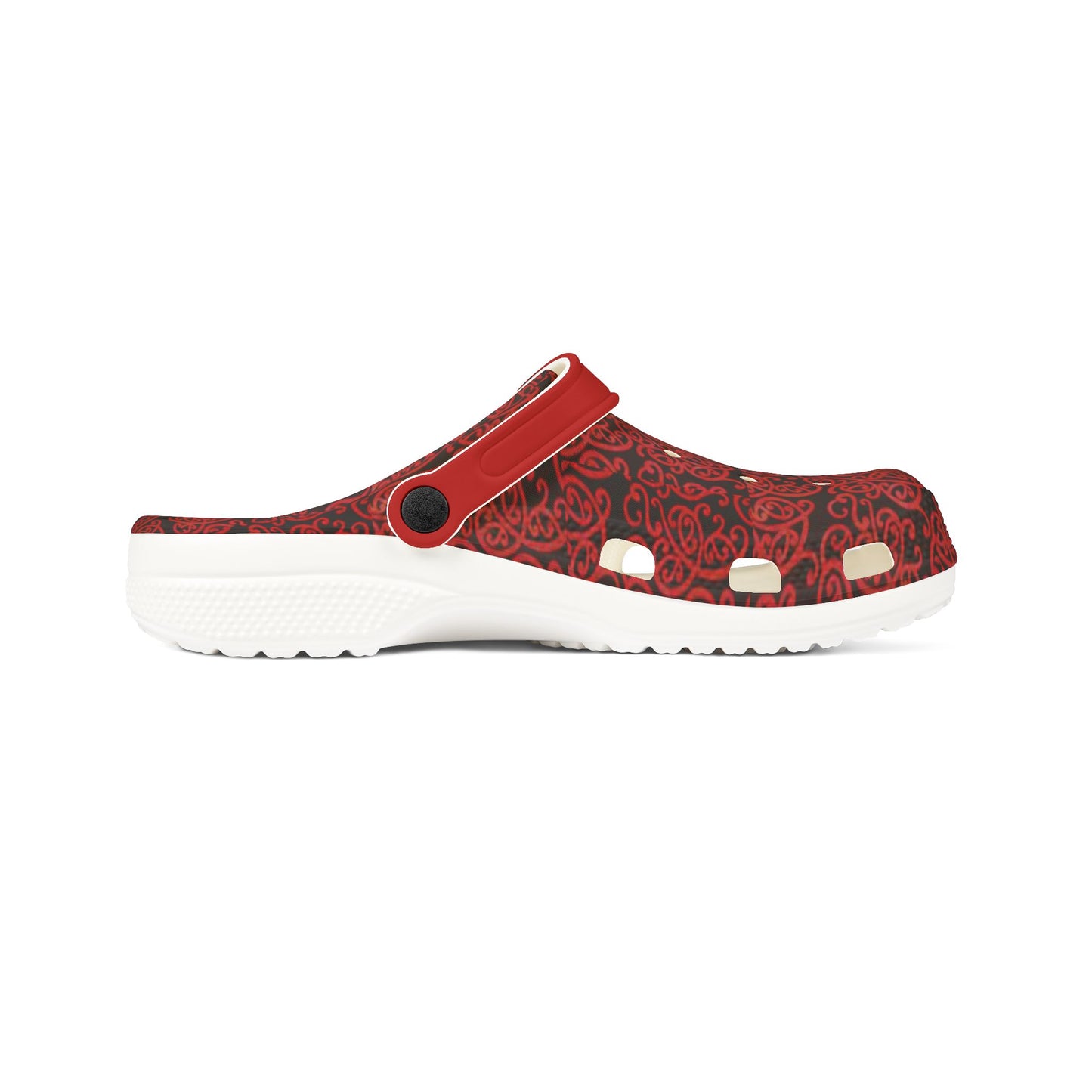 Red patterned slip-on clog shoe with strap detail and white outsole