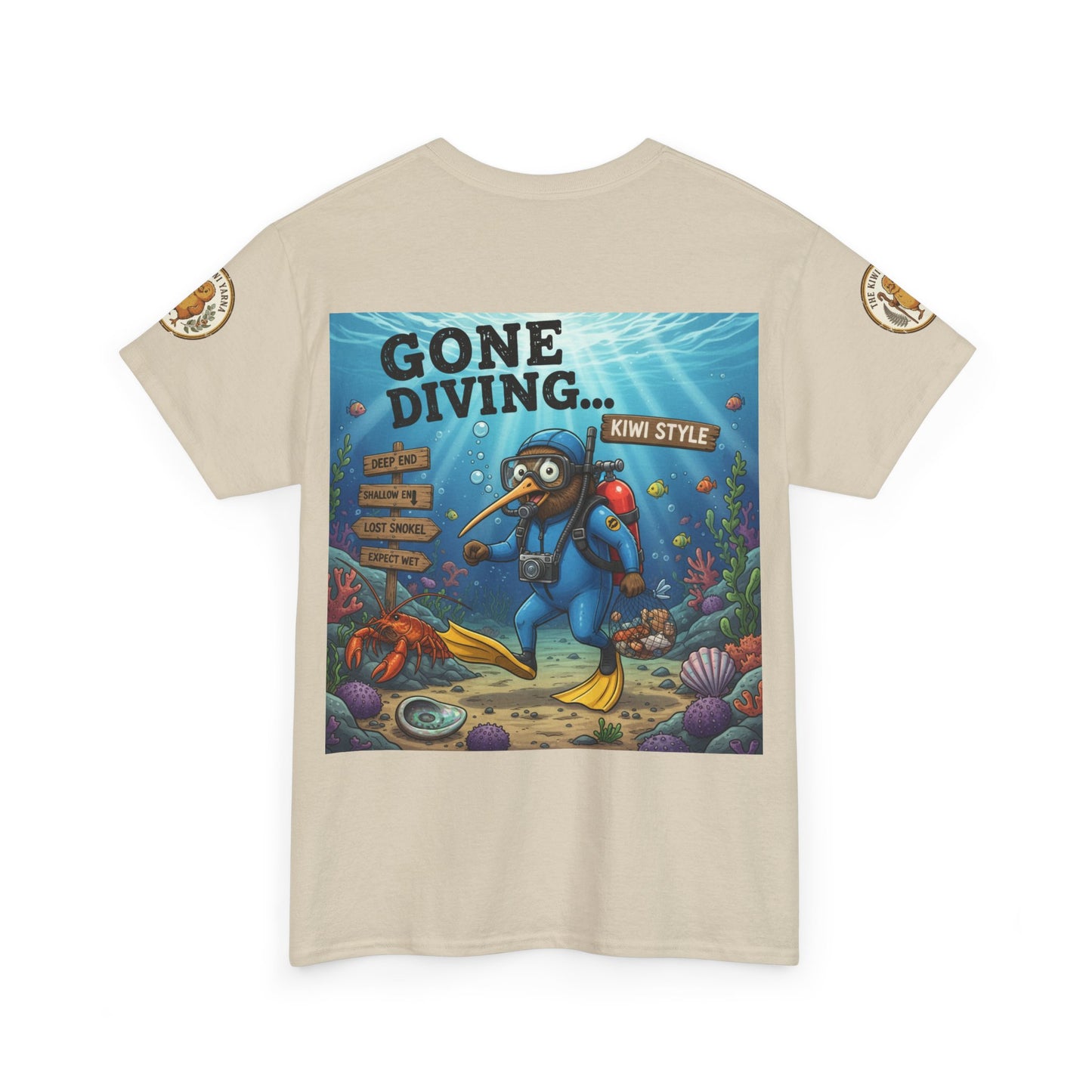 Natural/cream crew-neck T-shirt with “Gone Diving…Kiwi Style” underwater graphic front