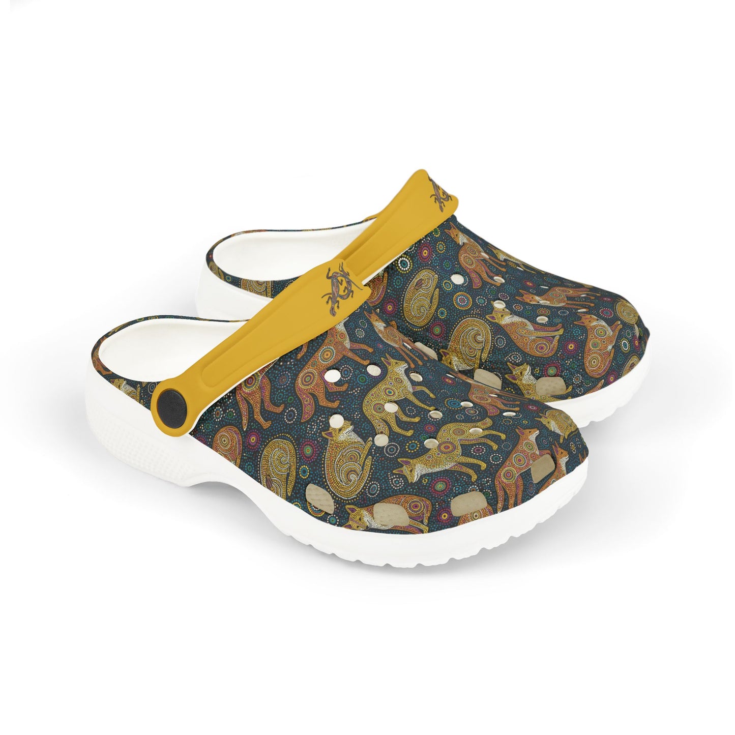 Aboriginal art casual clog shoes, dark patterned upper with yellow strap, white outsole